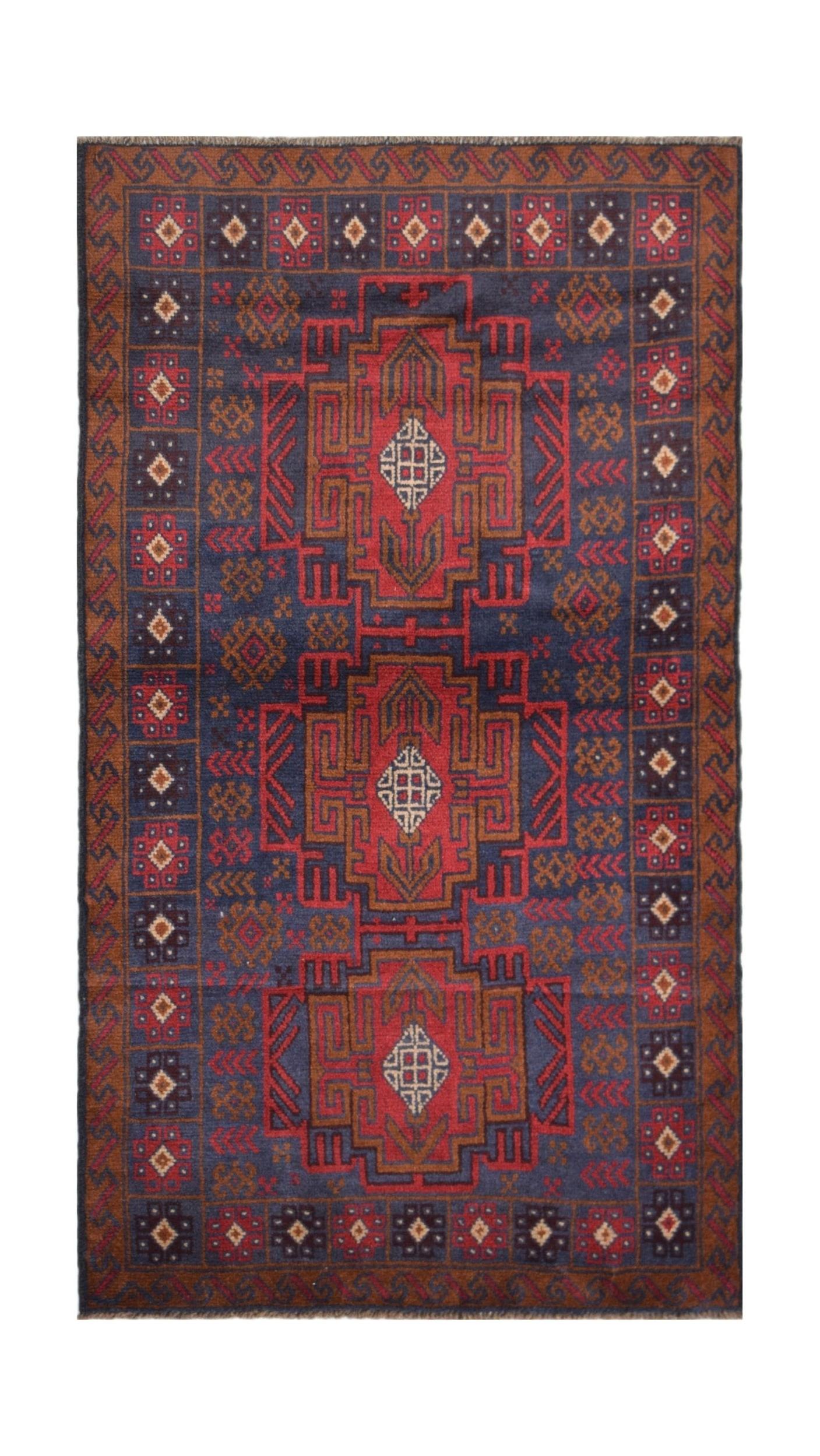 Handmade Afghan Baluch wool rug featuring geometric patterns in dark red, blue, and brown tones.