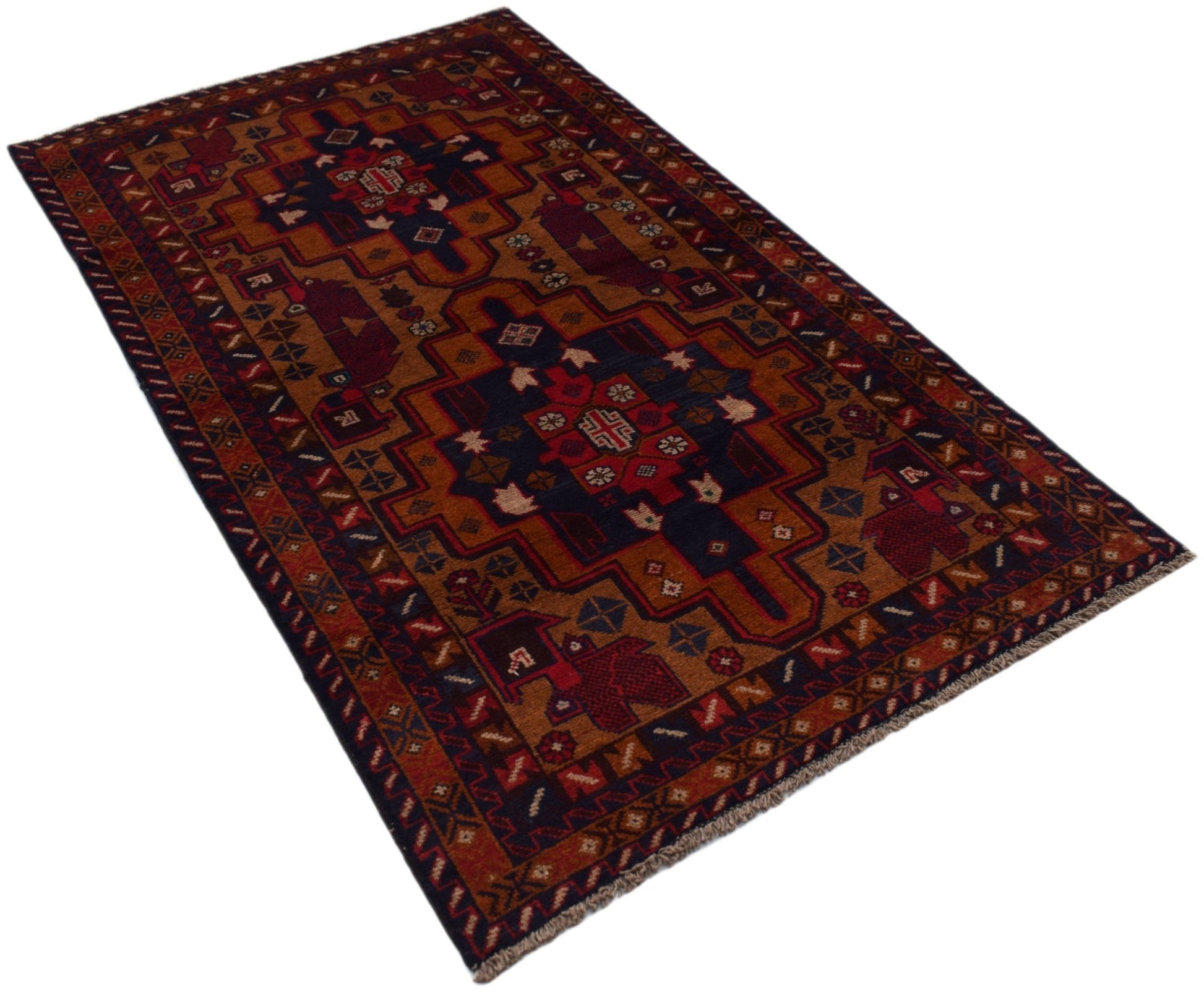 Handmade Afghan Baluch rug featuring a geometric tribal pattern in dark red, brown, and blue.