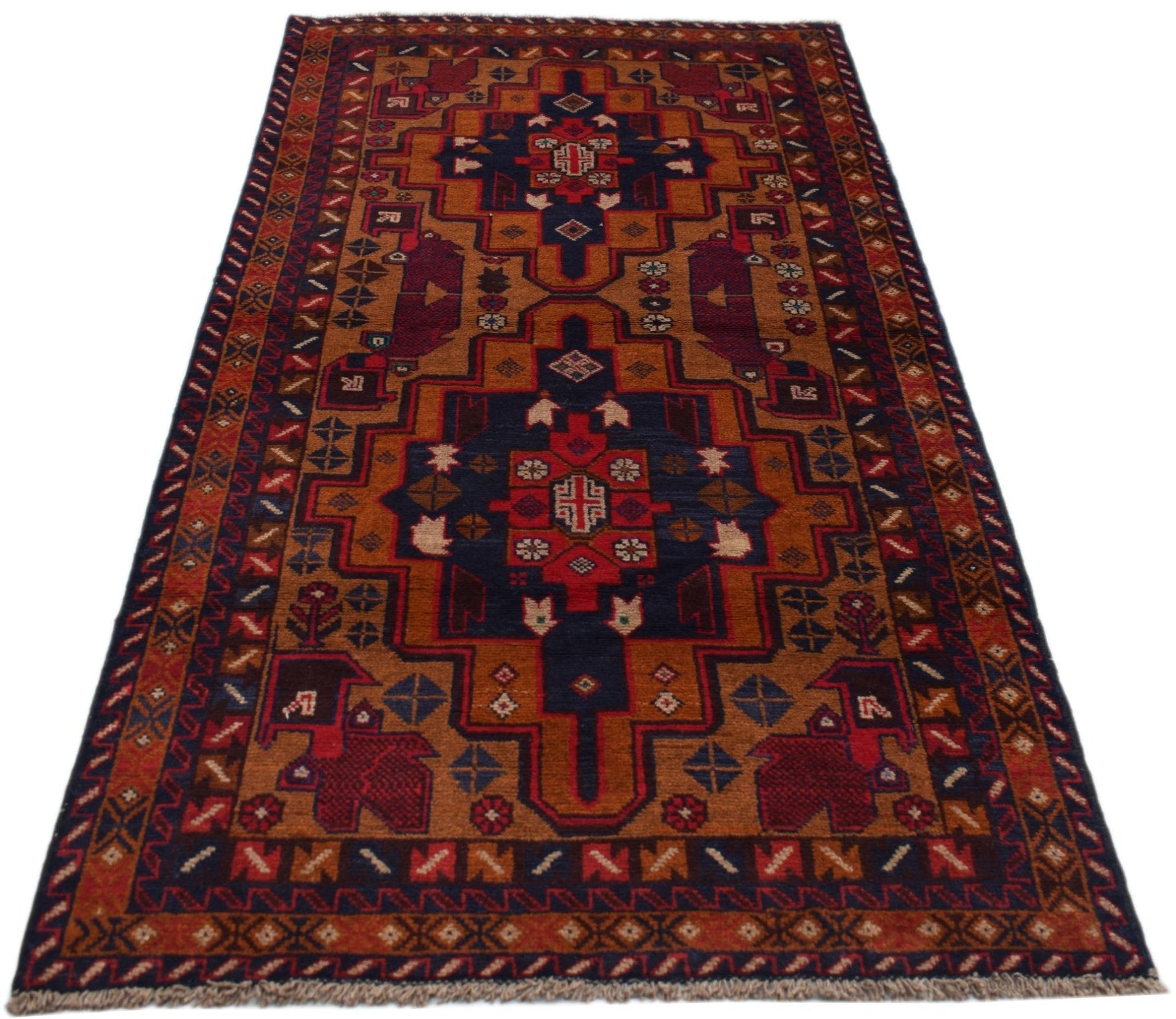 Handmade Afghan Baluch wool rug featuring a geometric tribal pattern in red, blue, and brown.