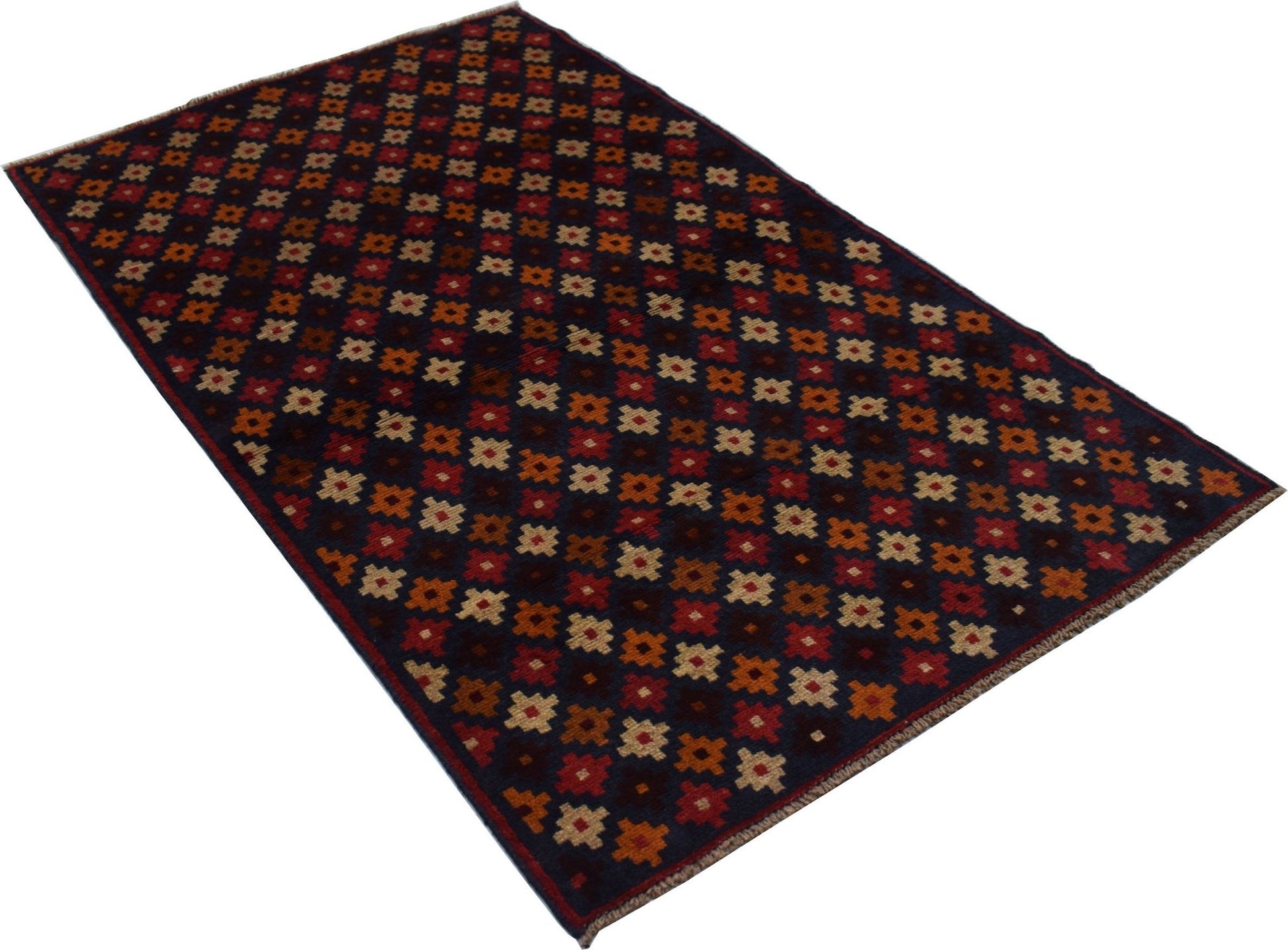 Handmade Afghan Baluch rug featuring a repeating geometric pattern in dark red, brown, and blue.