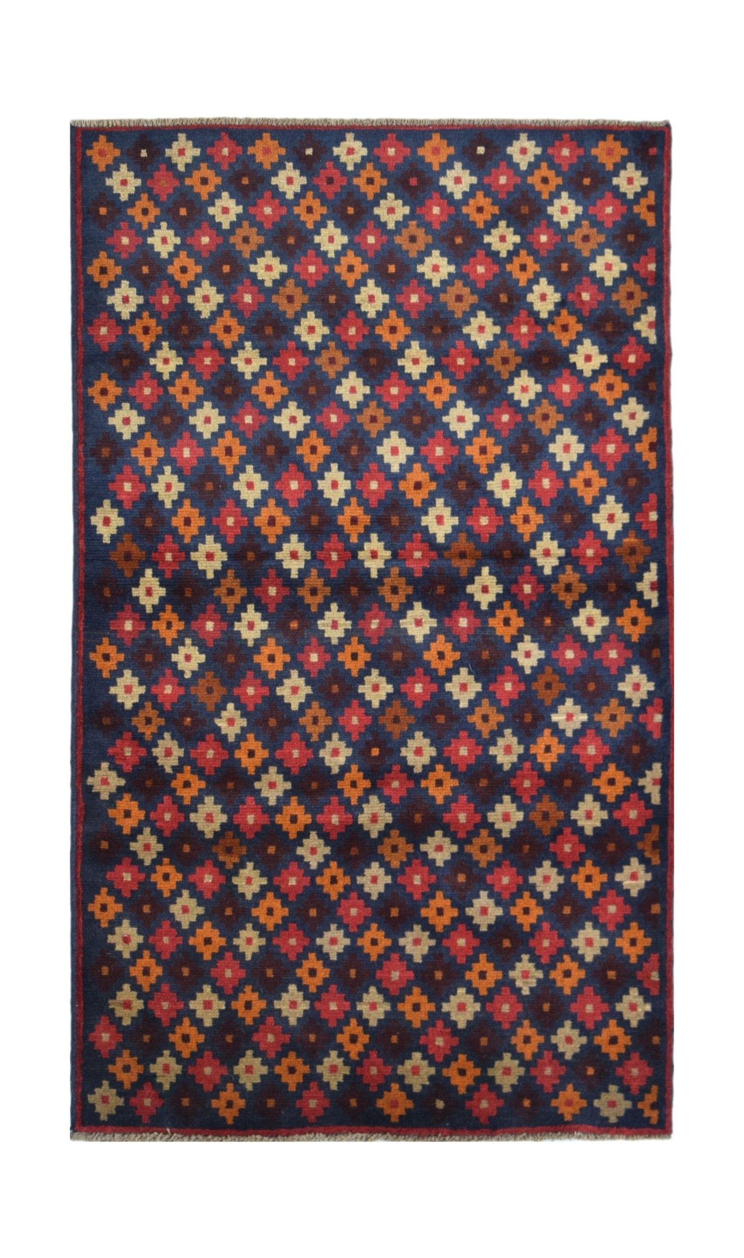 Handmade Afghan Baluch rug featuring a repeating geometric floral pattern in red, blue, and brown.