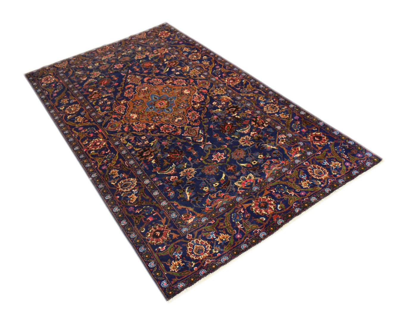 A rectangular handmade Afghan Baluch rug featuring a dark blue field with intricate floral patterns.