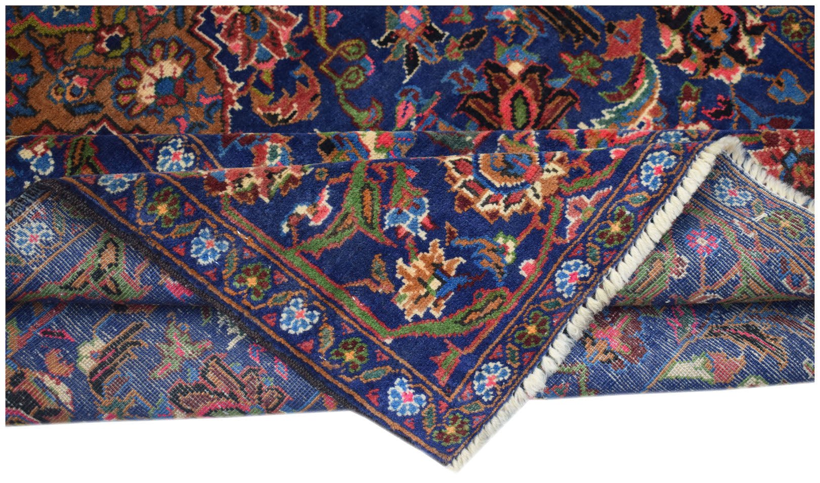 A vintage Afghan Baluch rug featuring intricate floral patterns in deep blue, red, and brown tones.