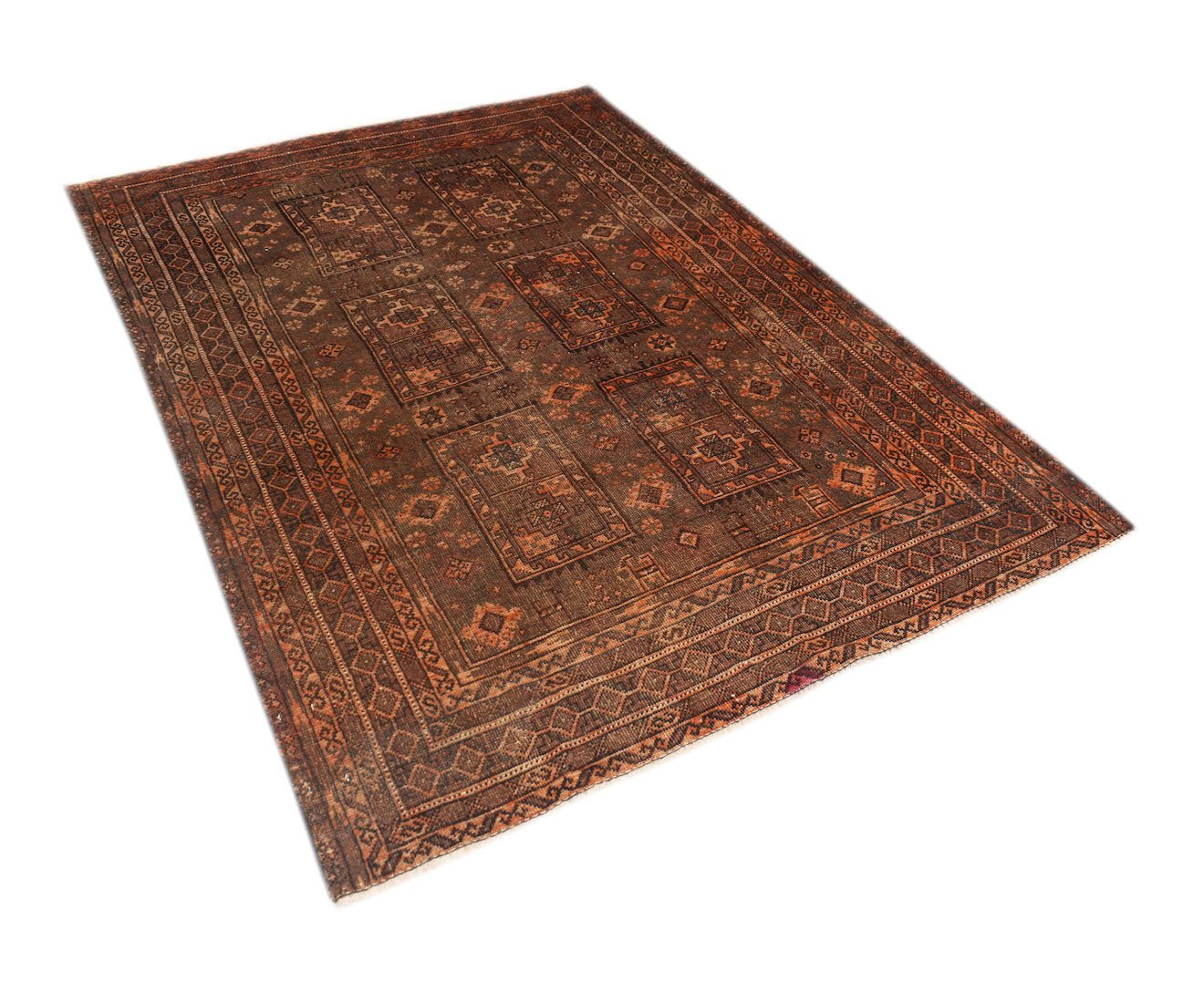 A handmade Afghan Baluch rug featuring traditional geometric patterns in shades of brown and rust.