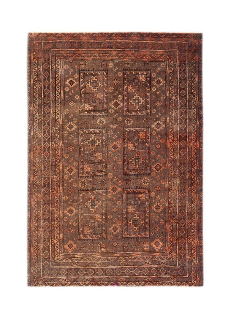 Handmade Afghan Baluch rug featuring a geometric pattern in shades of brown and rust.