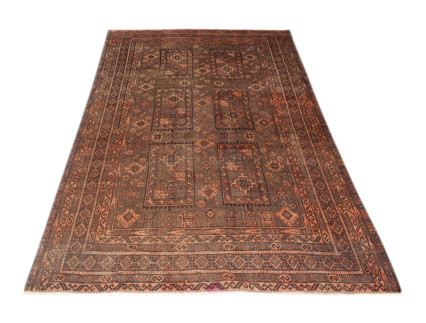 Handmade Afghan Baluch wool rug featuring a geometric pattern in shades of brown and orange.