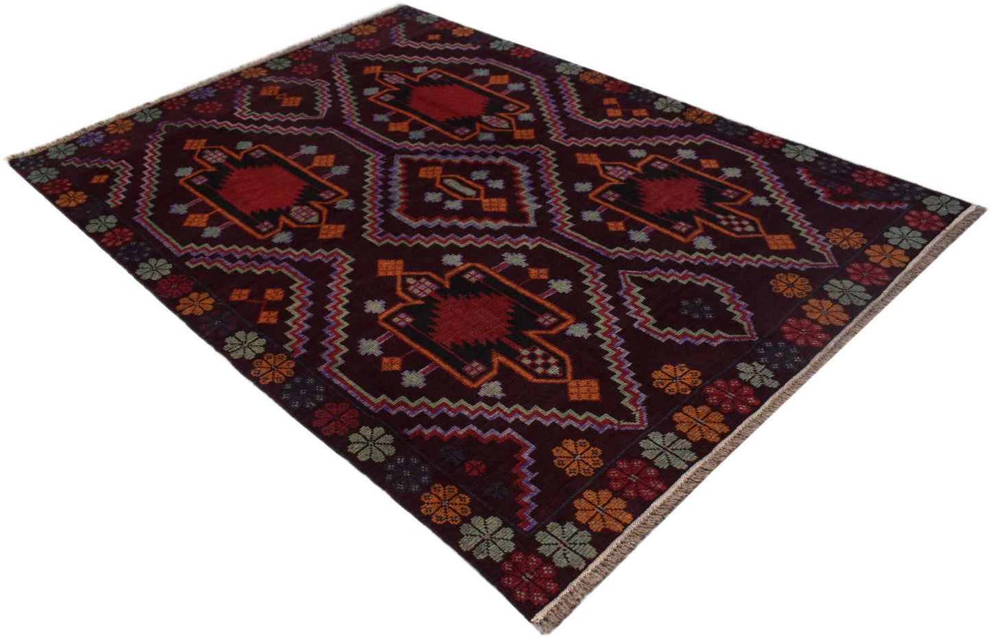 Handmade Afghan Pashm rug featuring a dark red geometric pattern with tribal floral motifs.