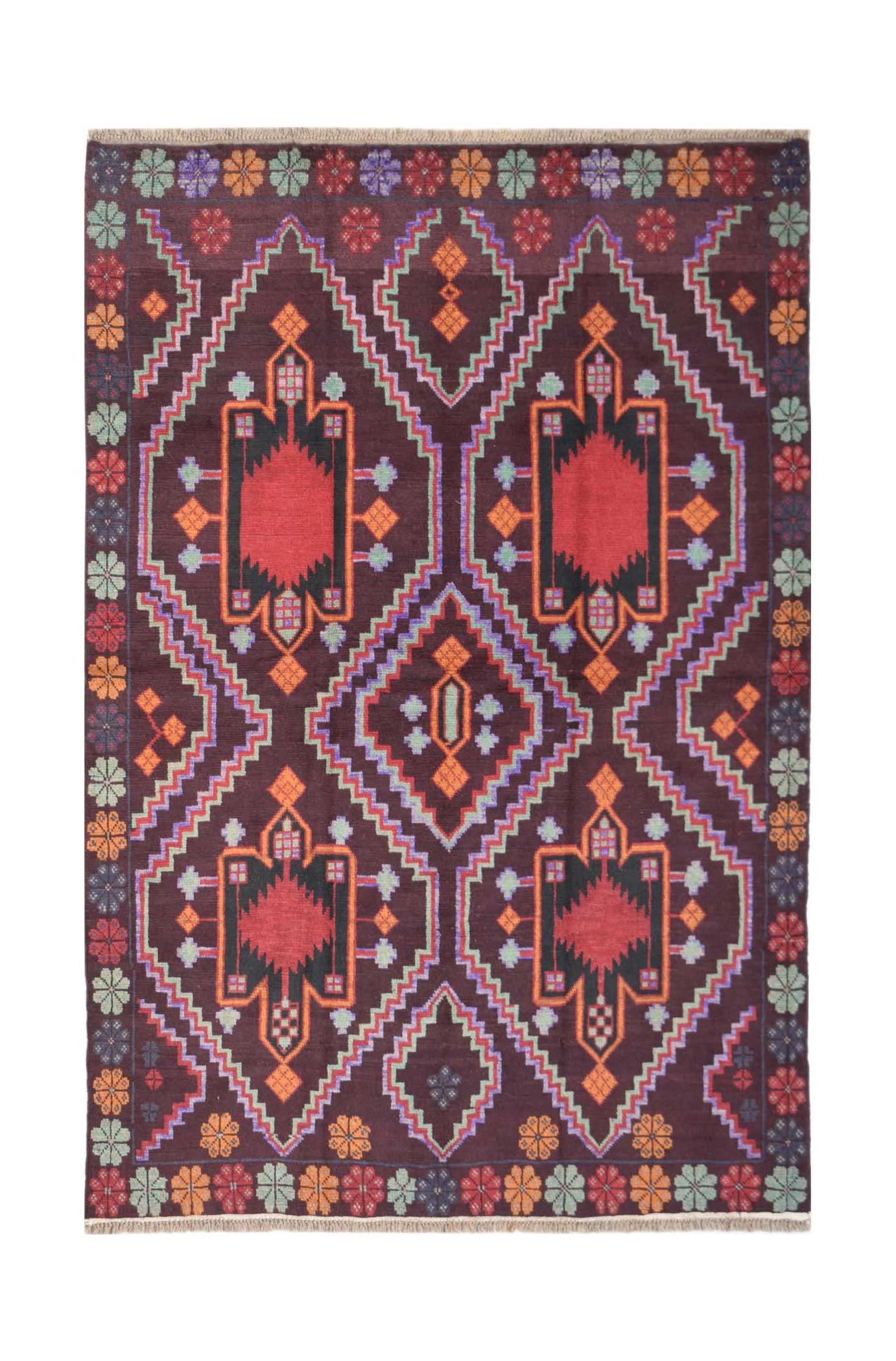 Handmade Afghan Pashm rug featuring a dark brown field with geometric red and orange motifs.