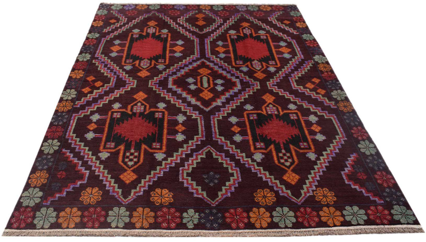 Handmade Afghan Pashm rug featuring a dark red field with geometric tribal patterns.