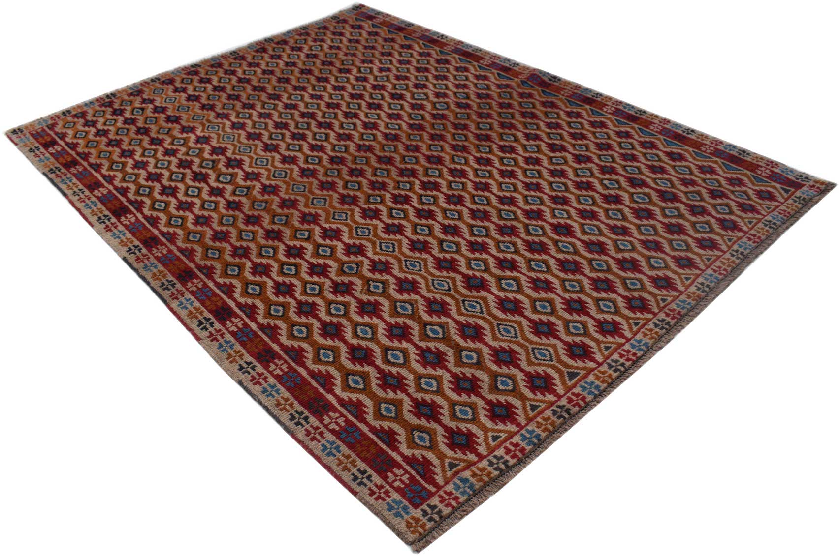 Handmade Afghan Pashm rug featuring a repeating geometric diamond pattern in red, blue, and brown.