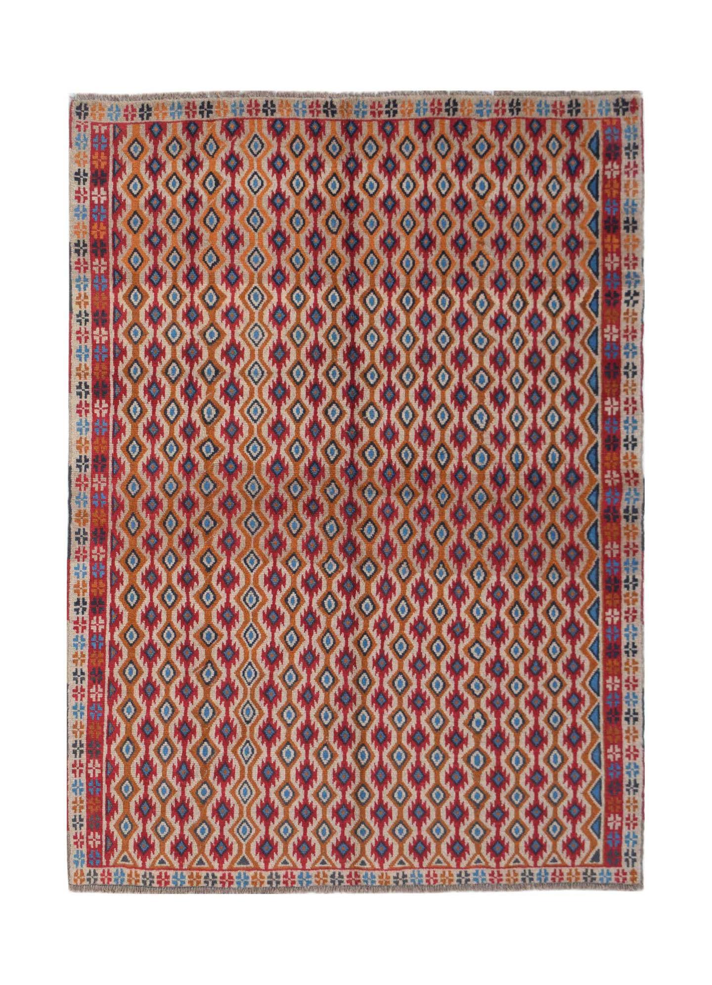 Handmade Afghan Pashm rug featuring a repeating geometric diamond pattern in red, blue, and ivory.