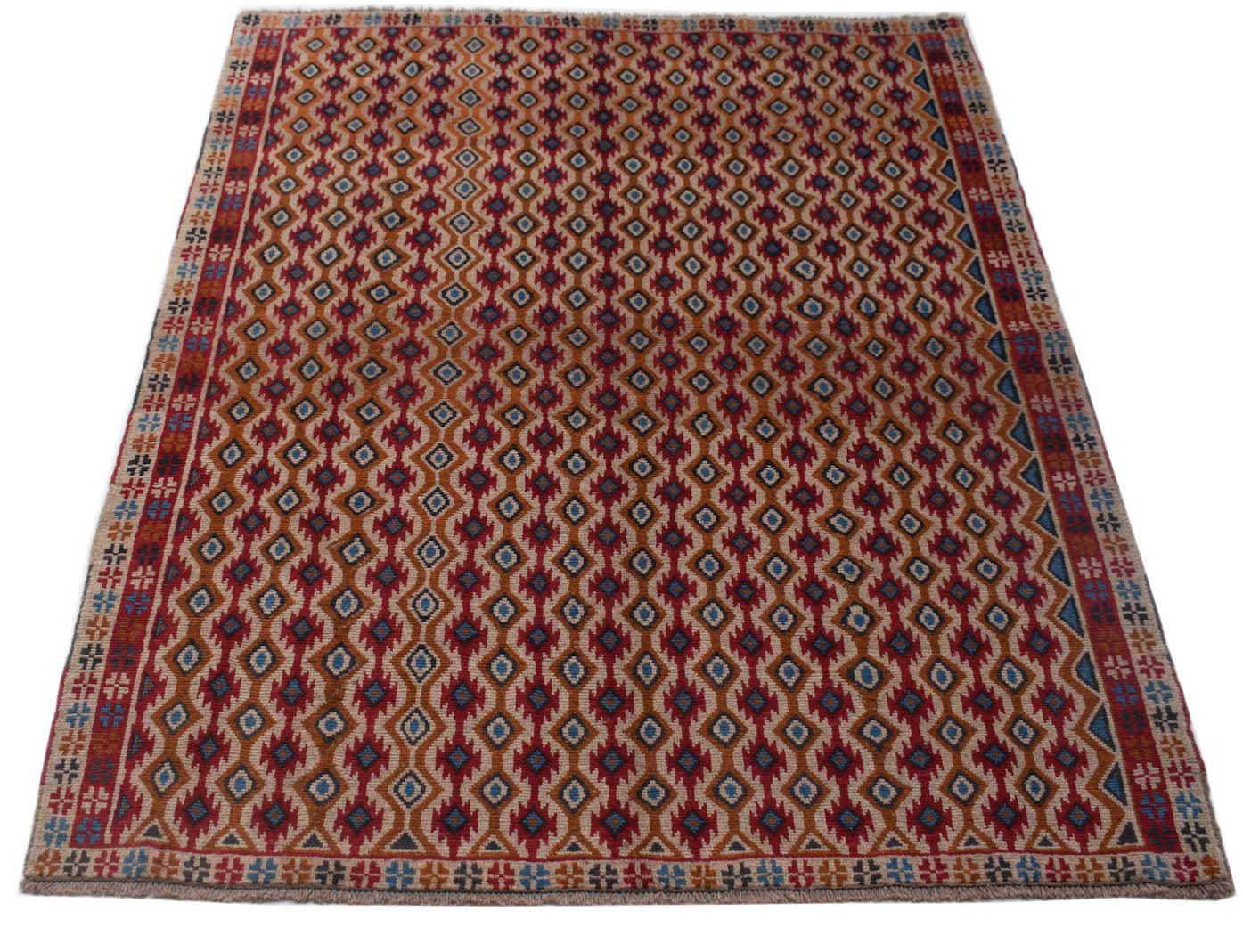 Handmade Afghan Pashm rug featuring a repeating geometric diamond pattern in red, blue, and brown.