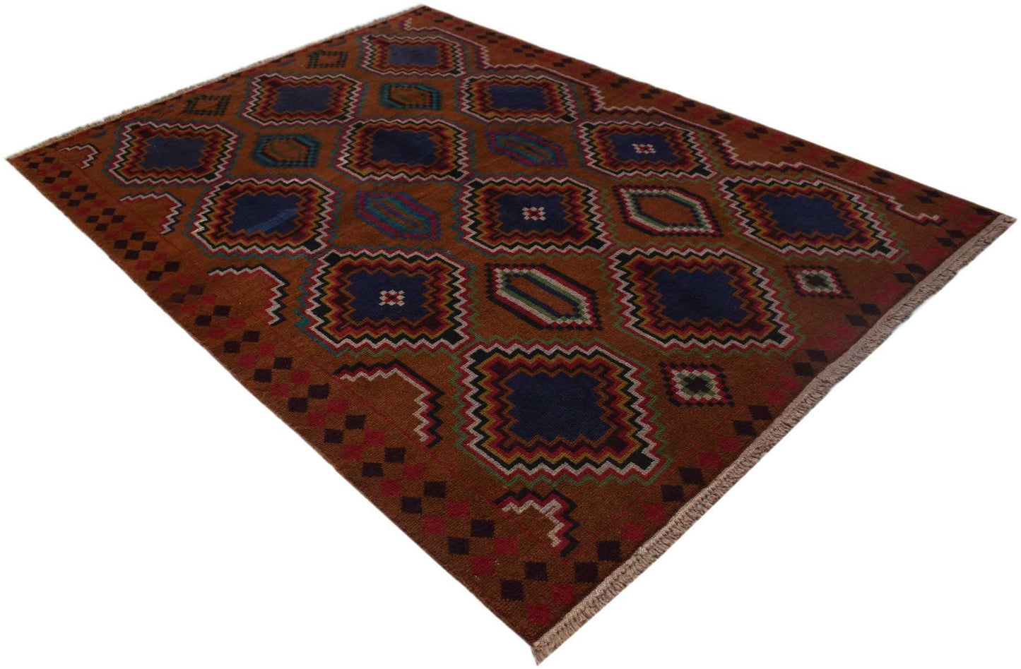 Handmade Afghan Pashm rug featuring a geometric pattern in shades of brown, blue, and red.