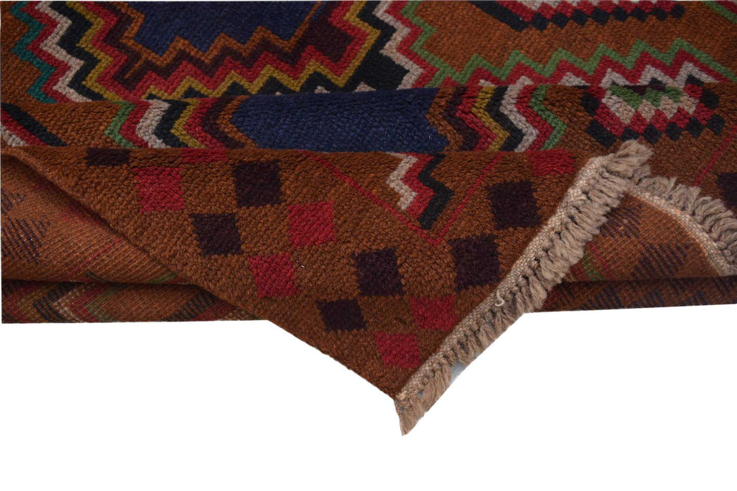 A handmade Afghan Pashm rug featuring a geometric pattern in shades of brown, red, and blue.