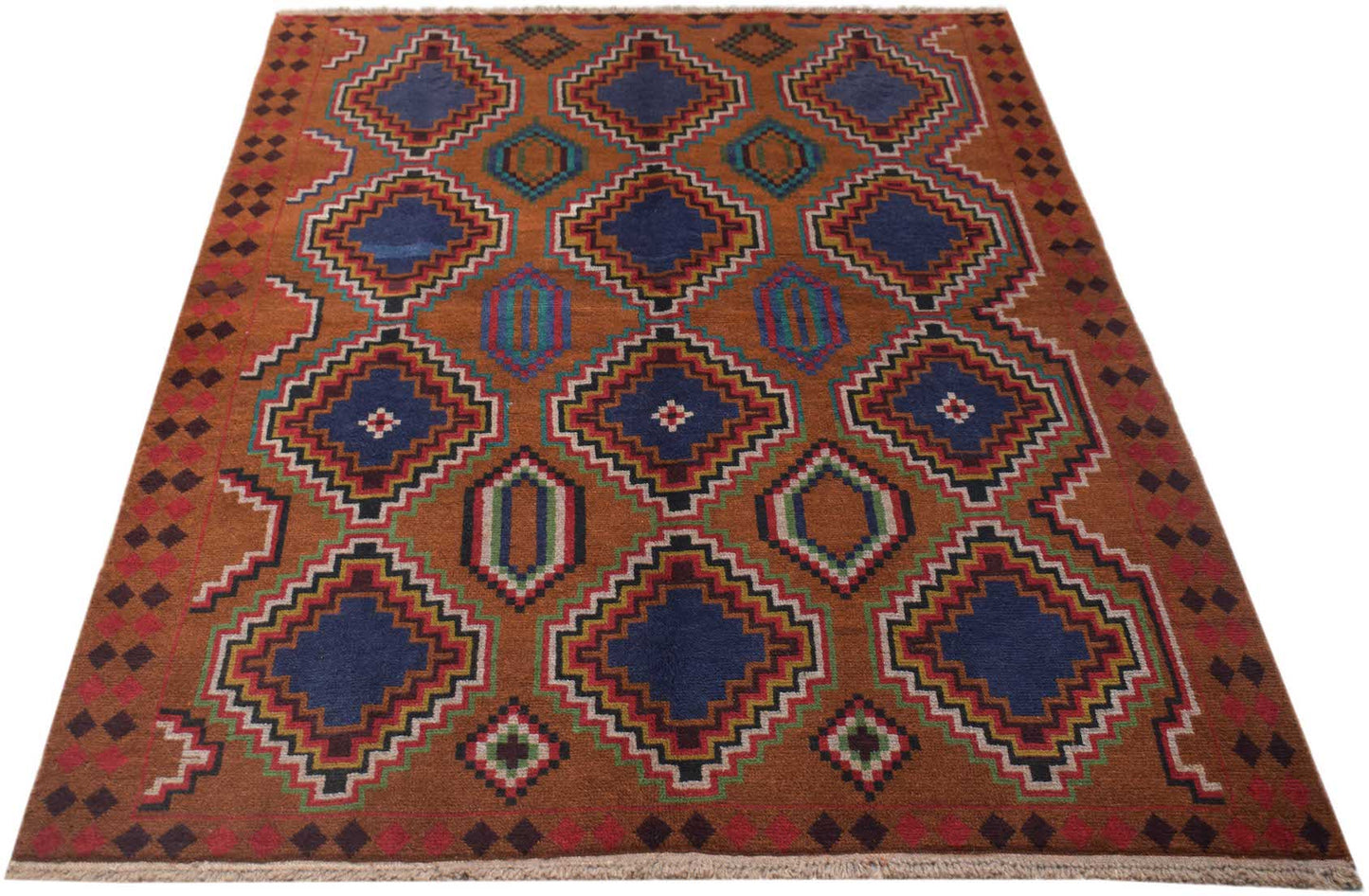 Handmade Afghan Pashm rug featuring a geometric pattern of blue diamonds on a brown background.