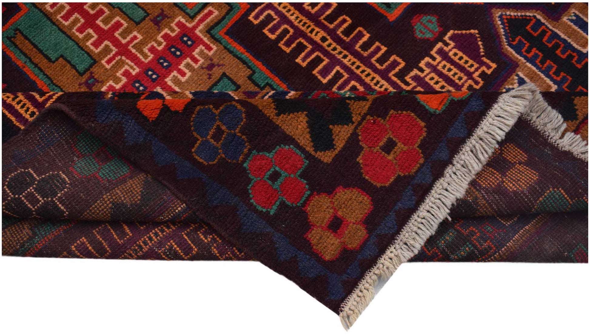 Handmade Afghan Pashm rug featuring traditional geometric patterns in dark red, brown, and blue.