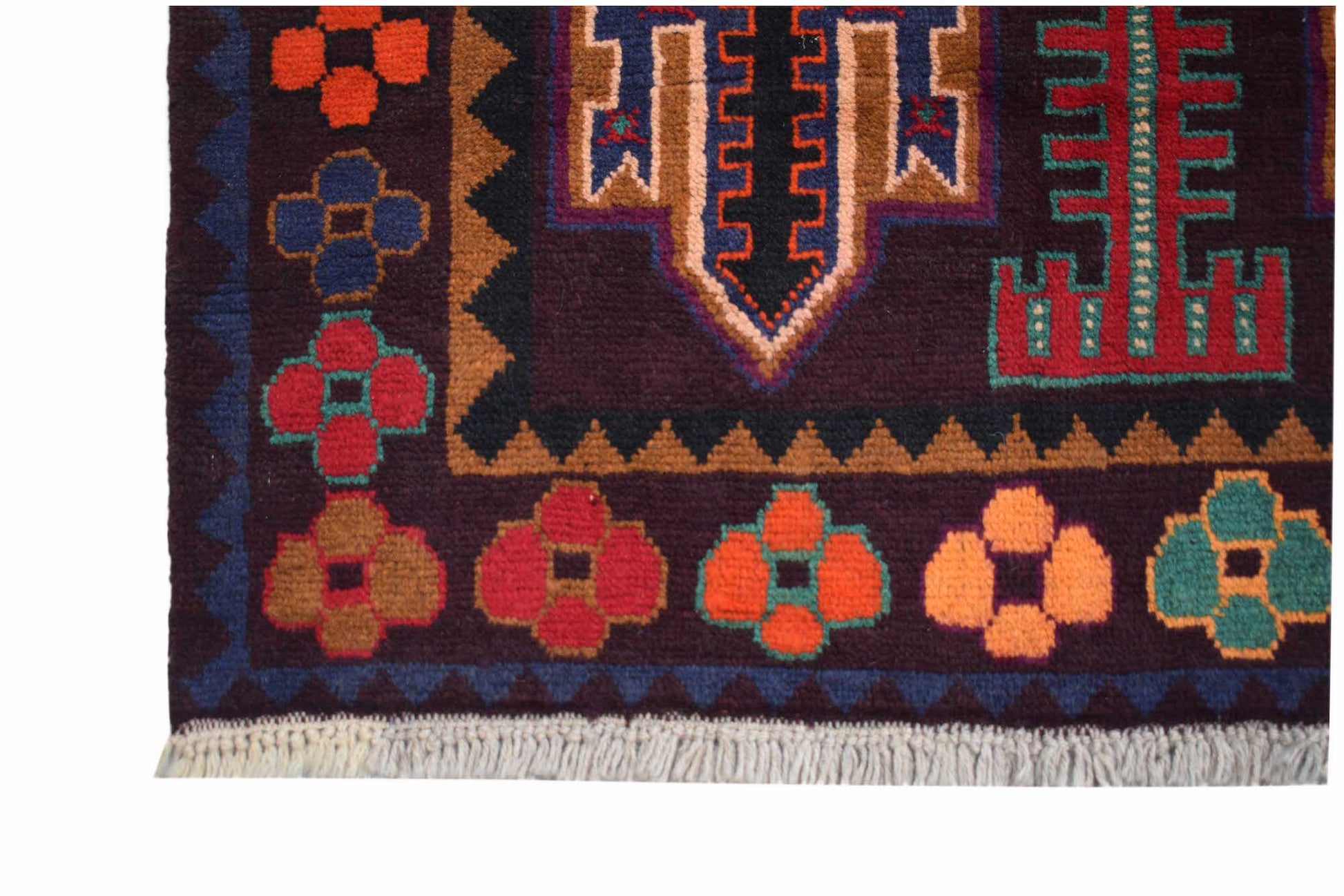 Handmade Afghan Pashm rug featuring a dark purple field with geometric floral and tribal motifs.