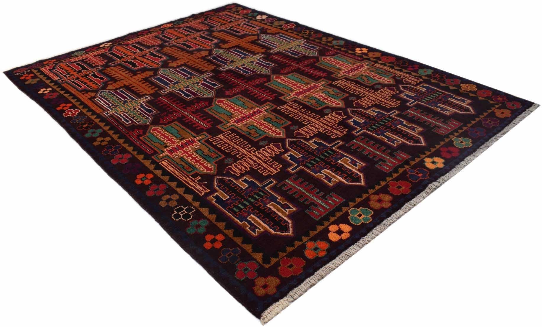 Handmade Afghan Pashm rug featuring a dark field with geometric tribal patterns in wool.