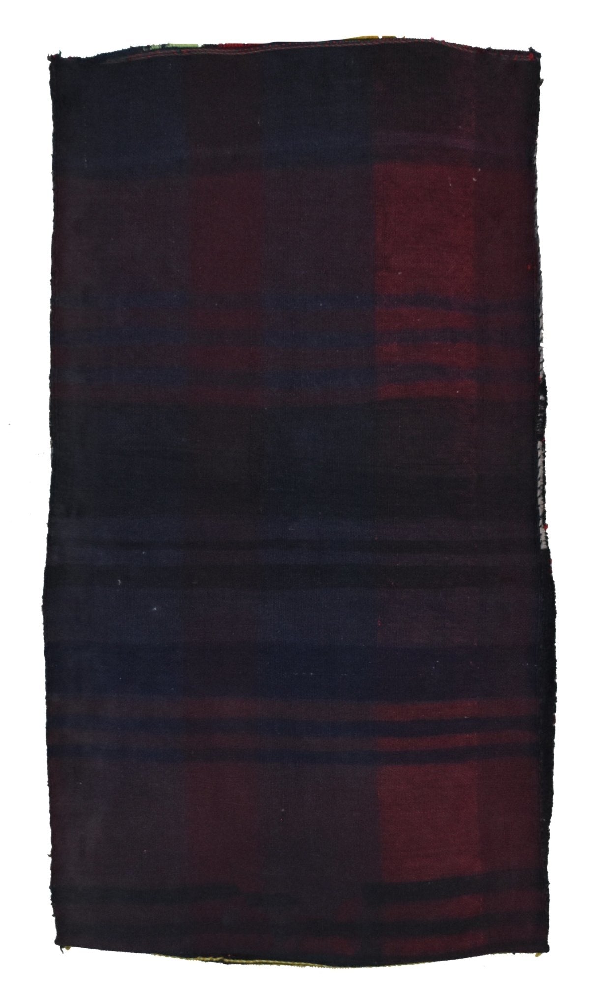 A rectangular vintage Afghan Baluch cushion featuring a dark red and black plaid wool pattern.
