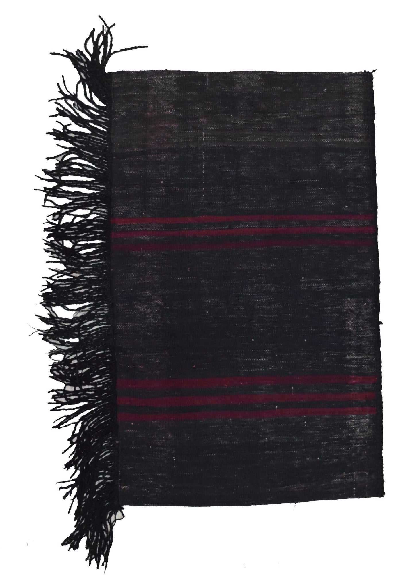 A rectangular, handmade vintage Afghan Baluch wool cushion in black with dark red striped accents.