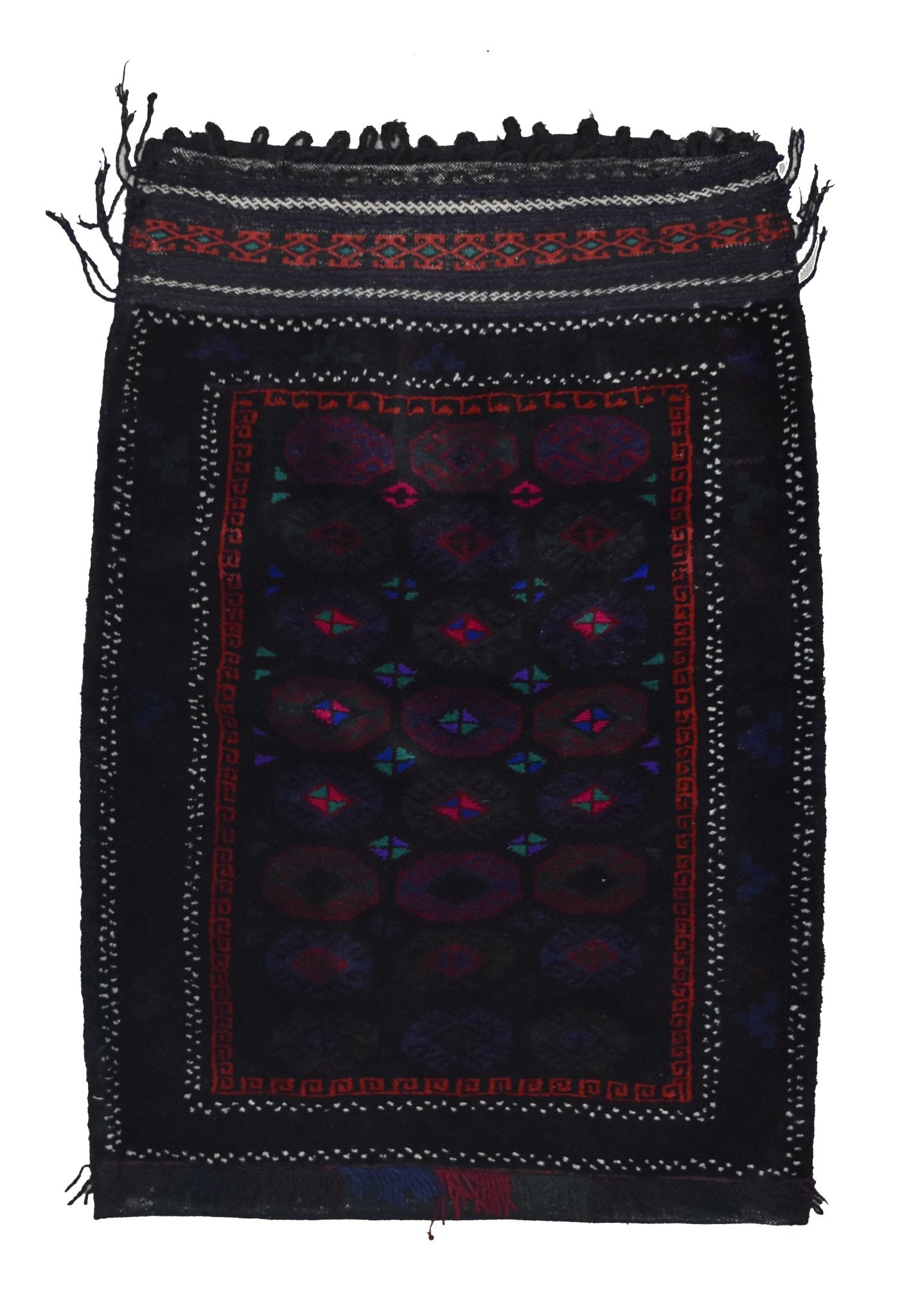 A handmade vintage Afghan Baluch wool cushion featuring a dark geometric tribal pattern.