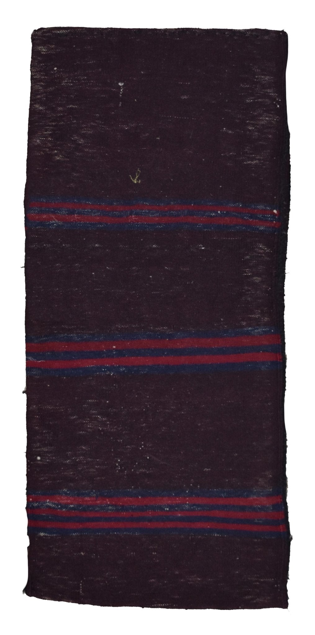 A rectangular, handmade vintage Afghan wool cushion featuring a dark purple base with striped bands.