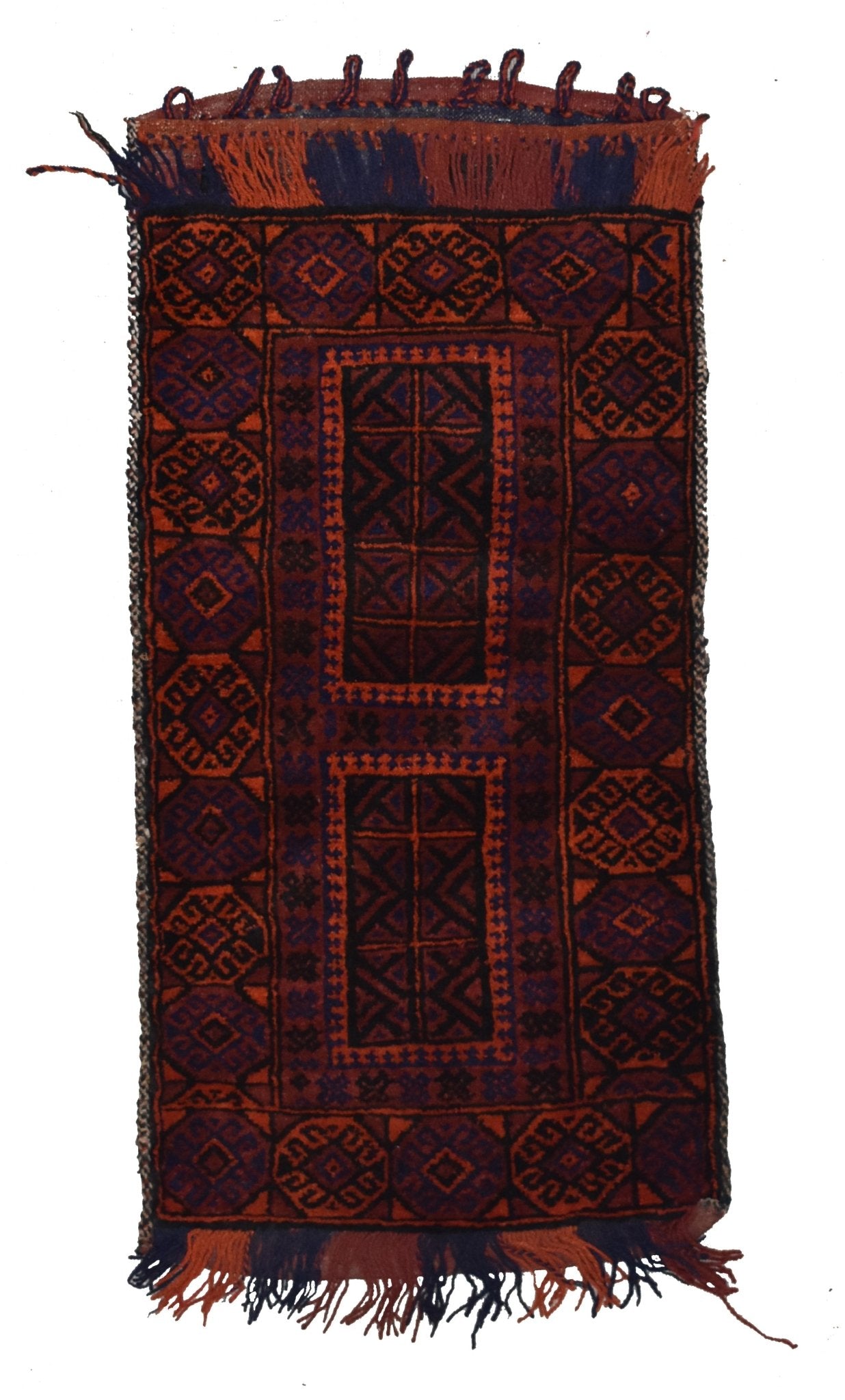 A handmade vintage Afghan Baluch wool cushion featuring geometric patterns in red and blue.