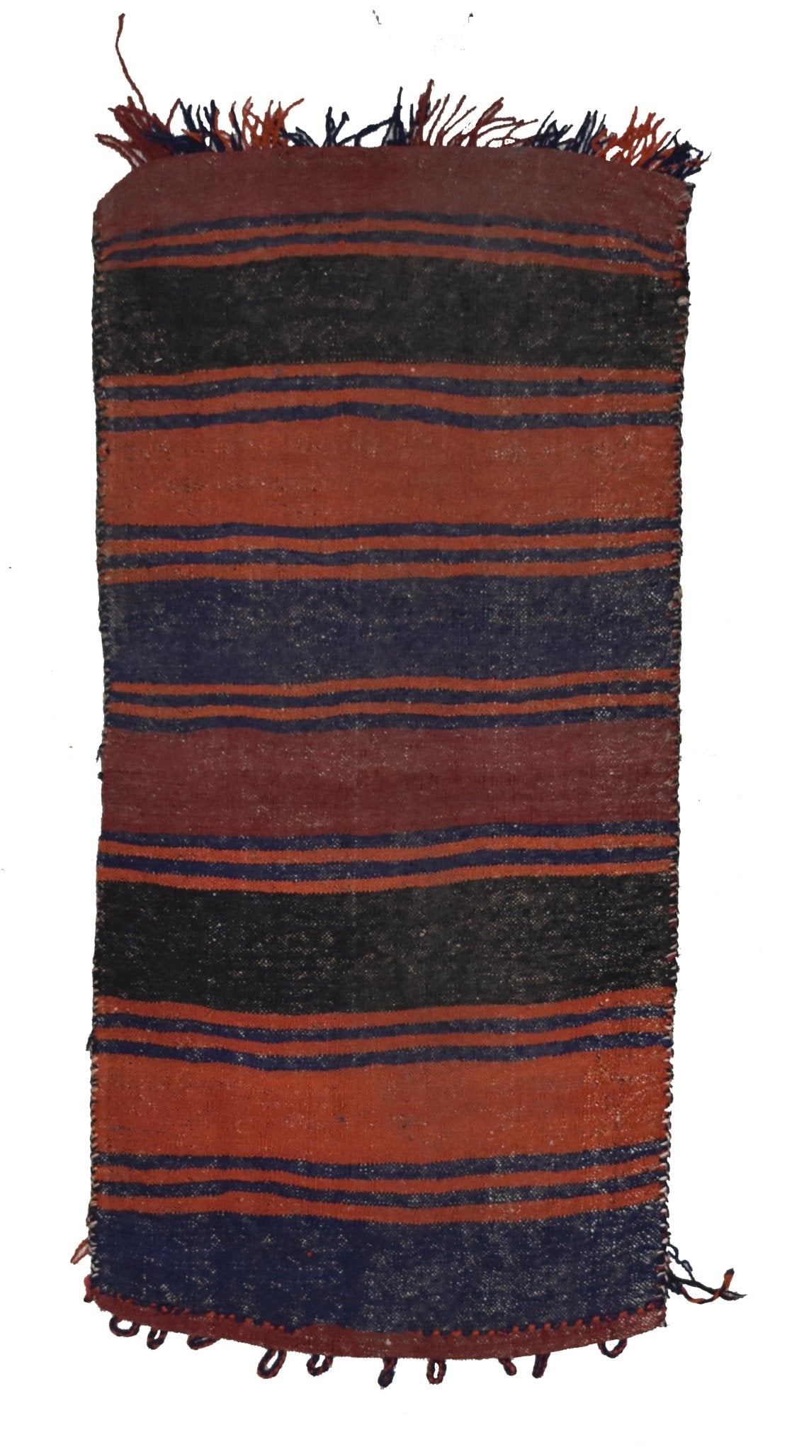 A rectangular vintage Afghan Baluch wool cushion featuring horizontal stripes in red, black, and blue.