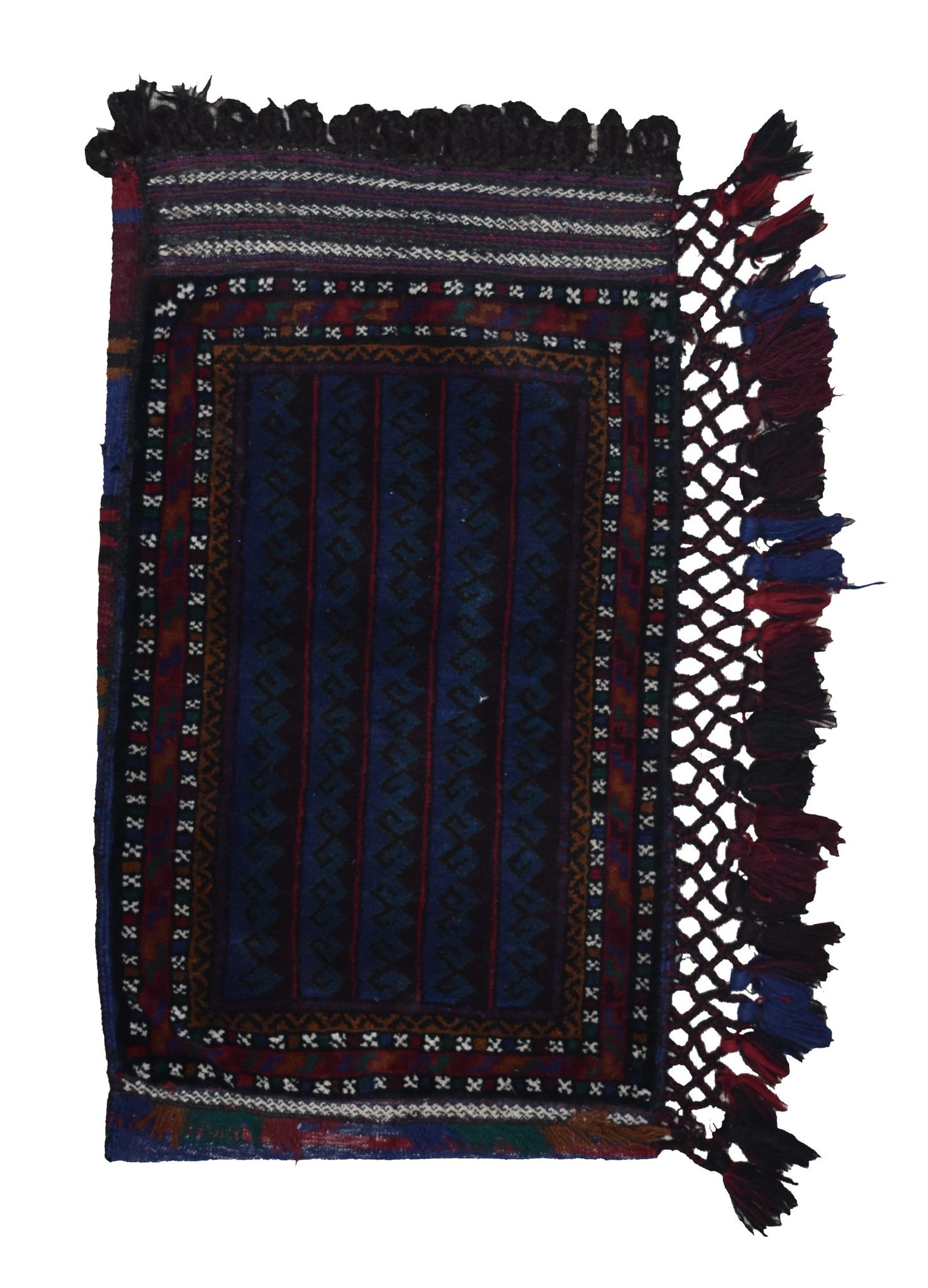 A vintage handmade Afghan Baluch wool cushion featuring dark blue geometric patterns and tassels.