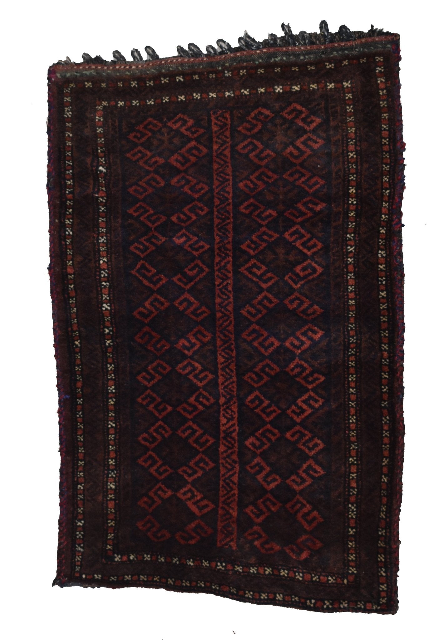A handmade vintage Afghan Baluch wool cushion featuring a dark geometric pattern.