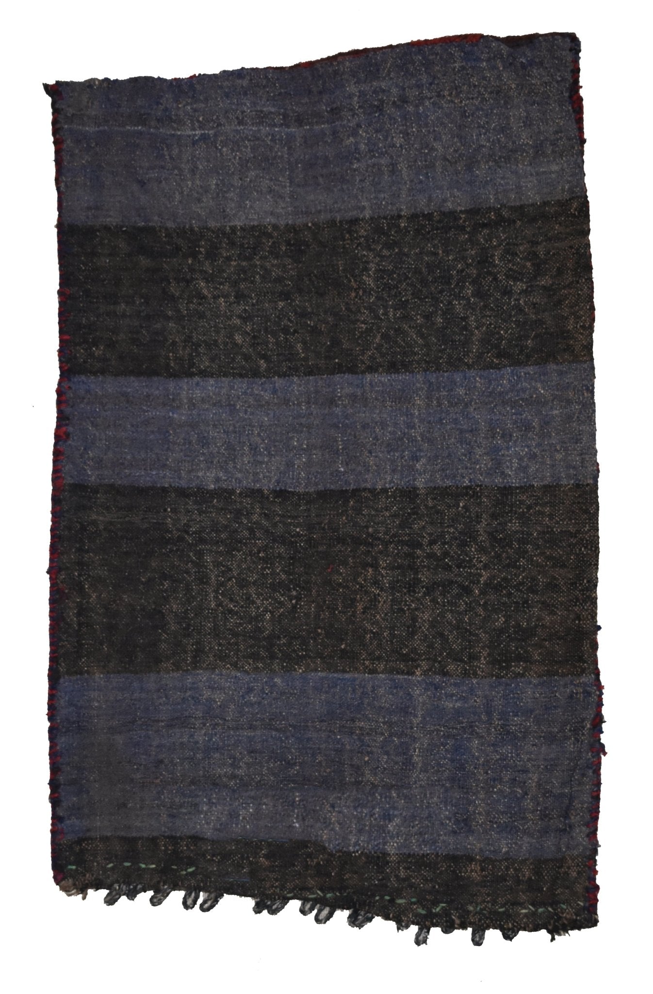 A rectangular vintage Afghan Baluch wool cushion featuring horizontal black and blue stripes.