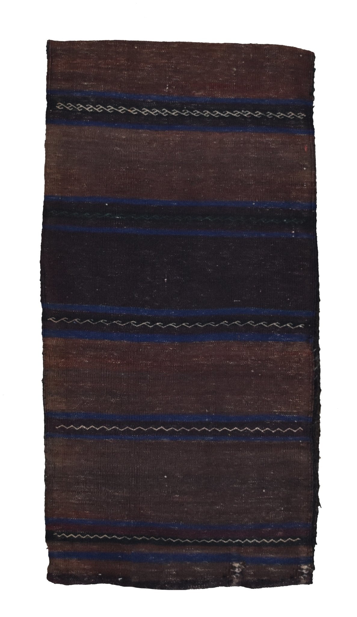 A rectangular vintage Afghan Baluch cushion featuring horizontal brown stripes and zigzag patterns.