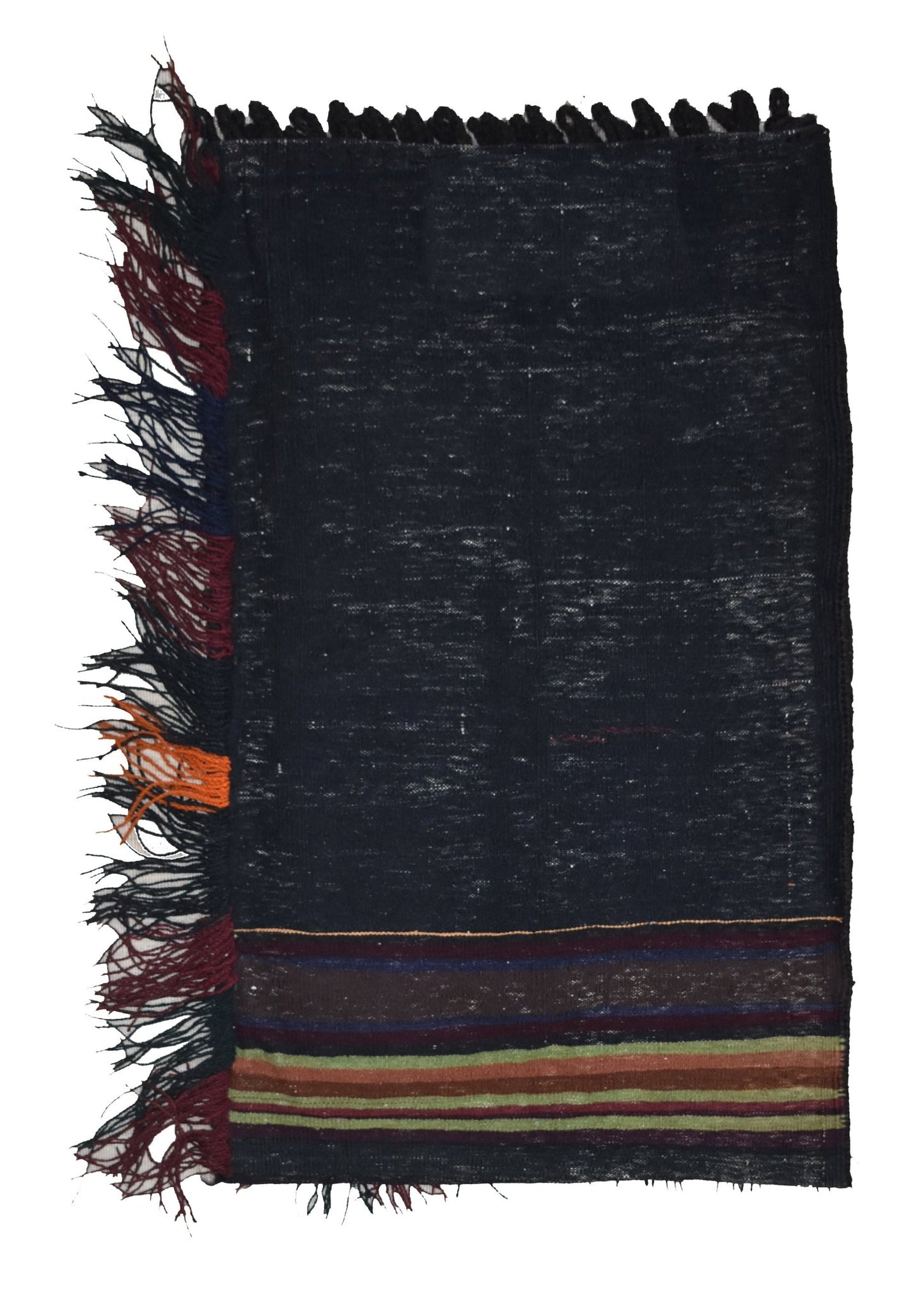 A rectangular vintage Afghan Baluch wool cushion featuring a dark fabric with striped borders.