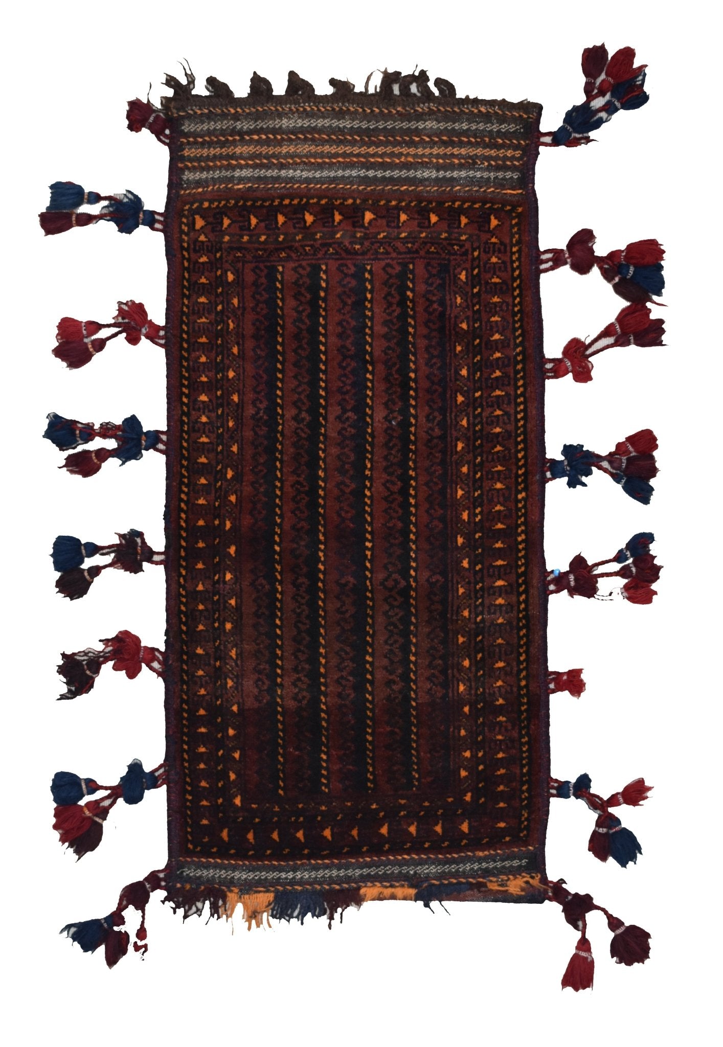 A handmade vintage Afghan Baluch wool cushion featuring dark red and black striped patterns.