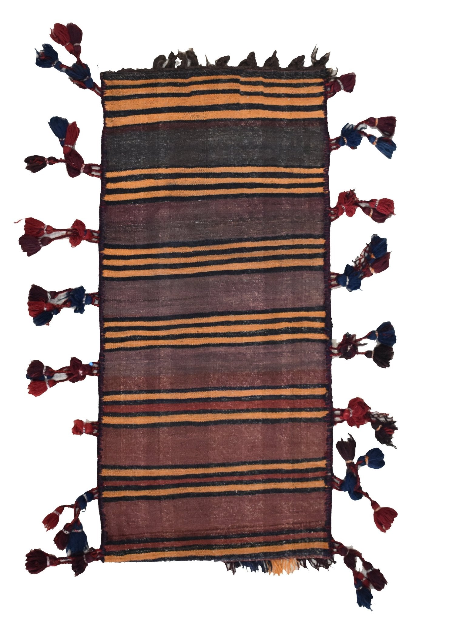 A vintage handmade Afghan Baluch wool cushion featuring horizontal stripes and decorative tassels.