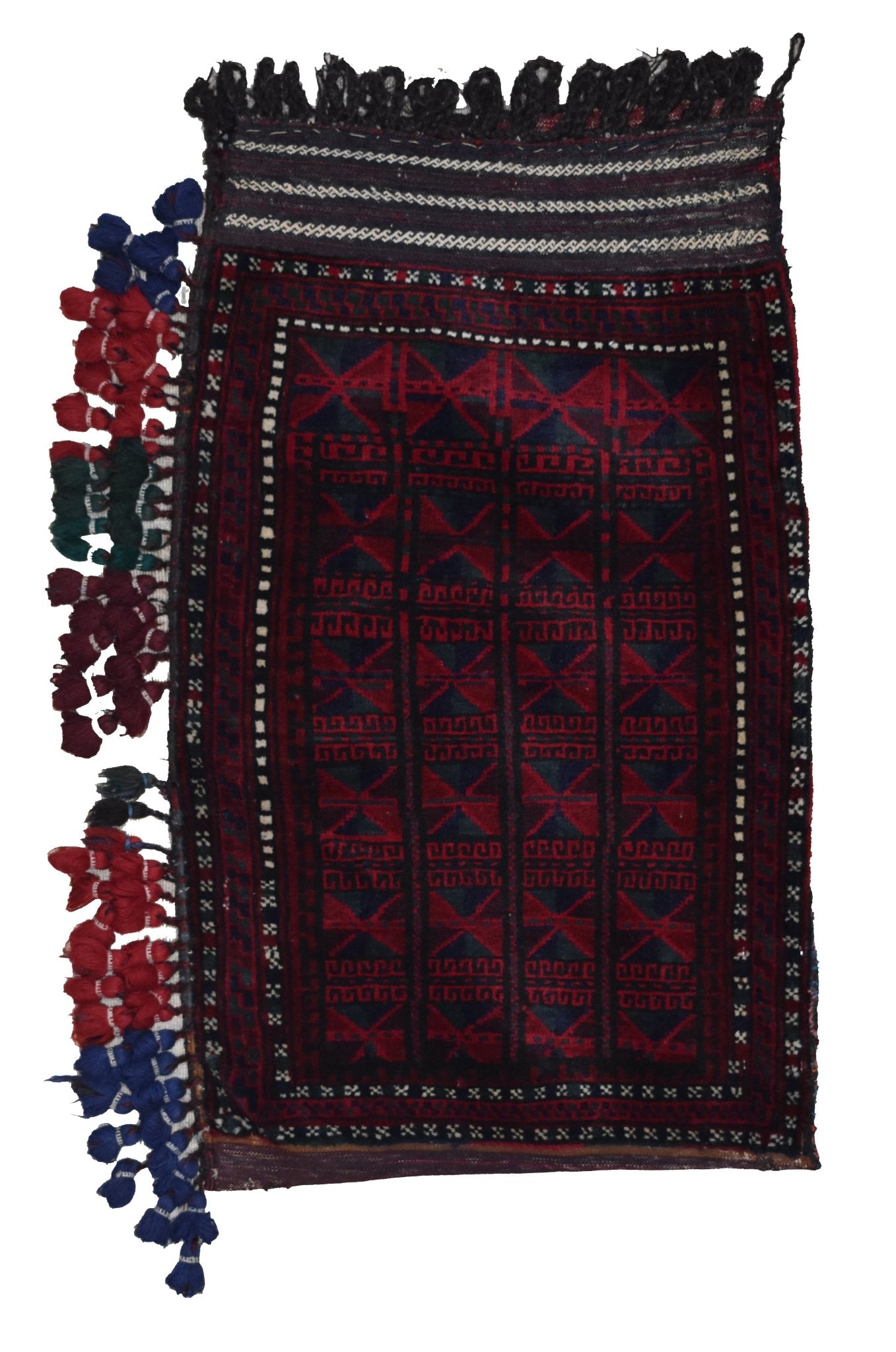 A vintage handmade Afghan Baluch wool cushion featuring a geometric red and black tribal pattern.