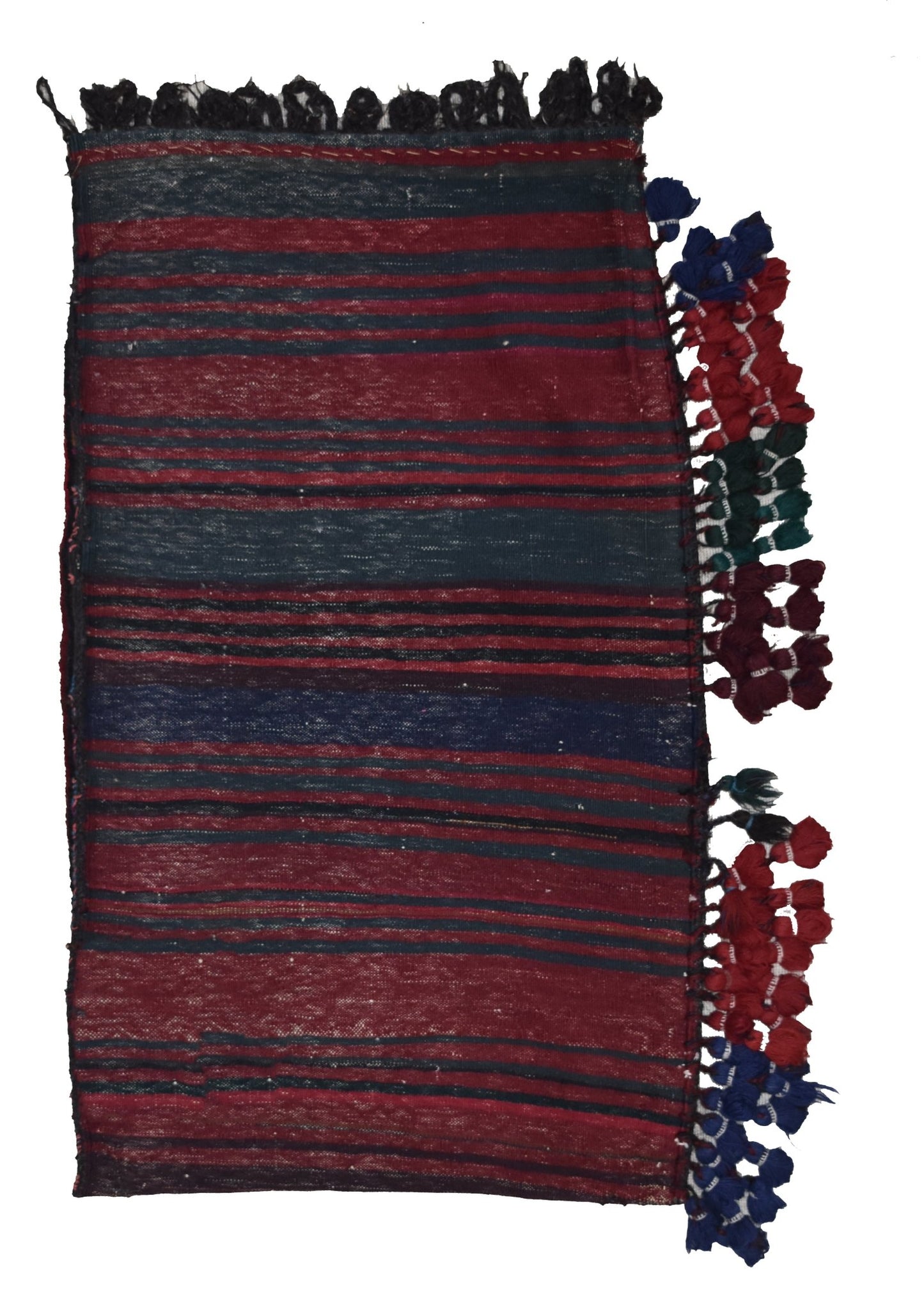 A rectangular vintage Afghan Baluch wool cushion featuring horizontal stripes and tassel trim.