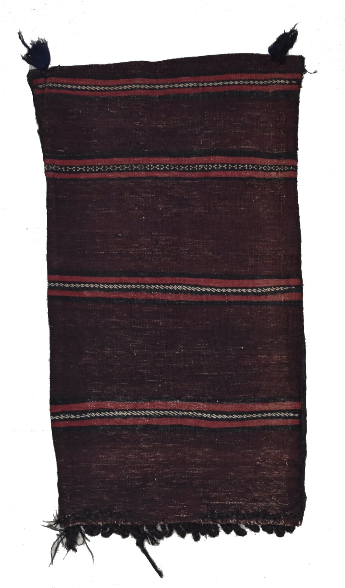 A rectangular, handmade Afghan Baluch wool cushion featuring dark brown stripes and tassels.