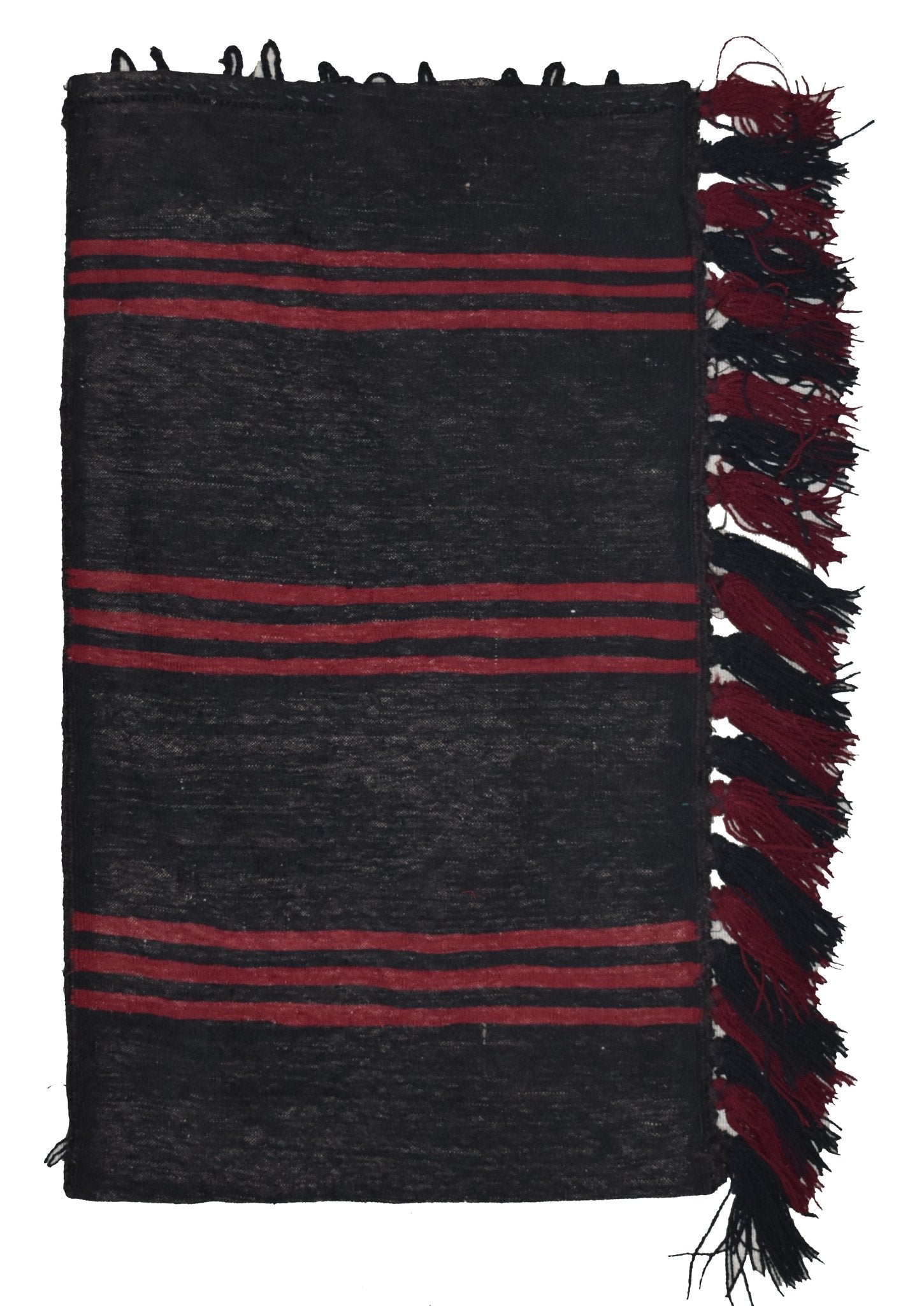 A rectangular black wool cushion with red horizontal stripes and decorative fringed edges.