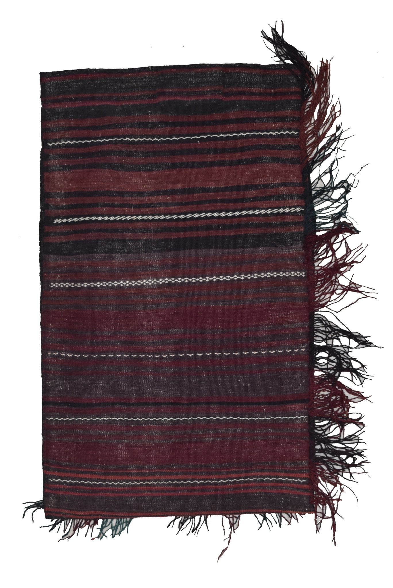 A rectangular, handmade Afghan Baluch wool textile featuring dark red and black stripes with fringe.