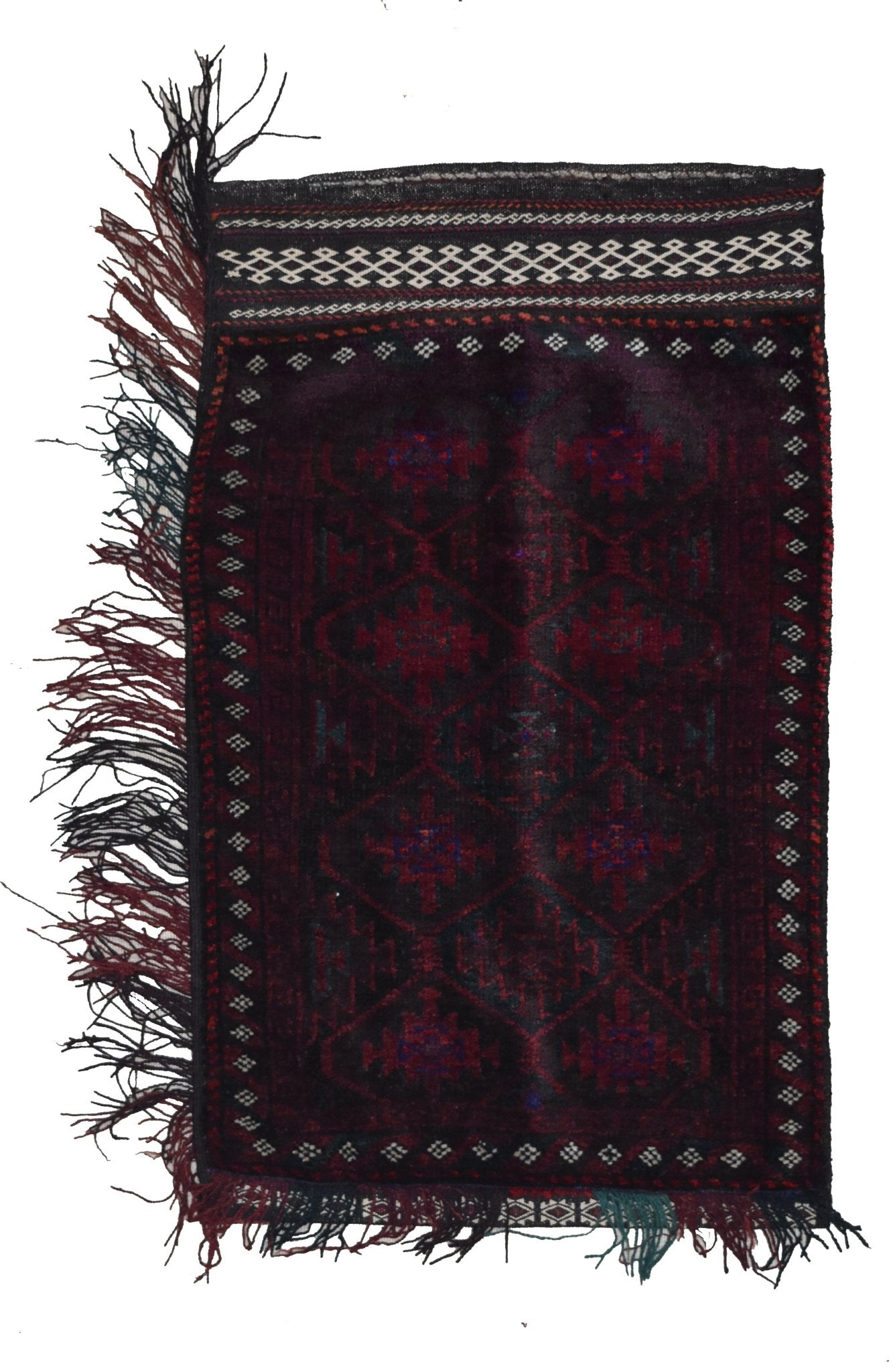 A vintage handmade Afghan Baluch wool cushion featuring a dark red geometric tribal pattern.