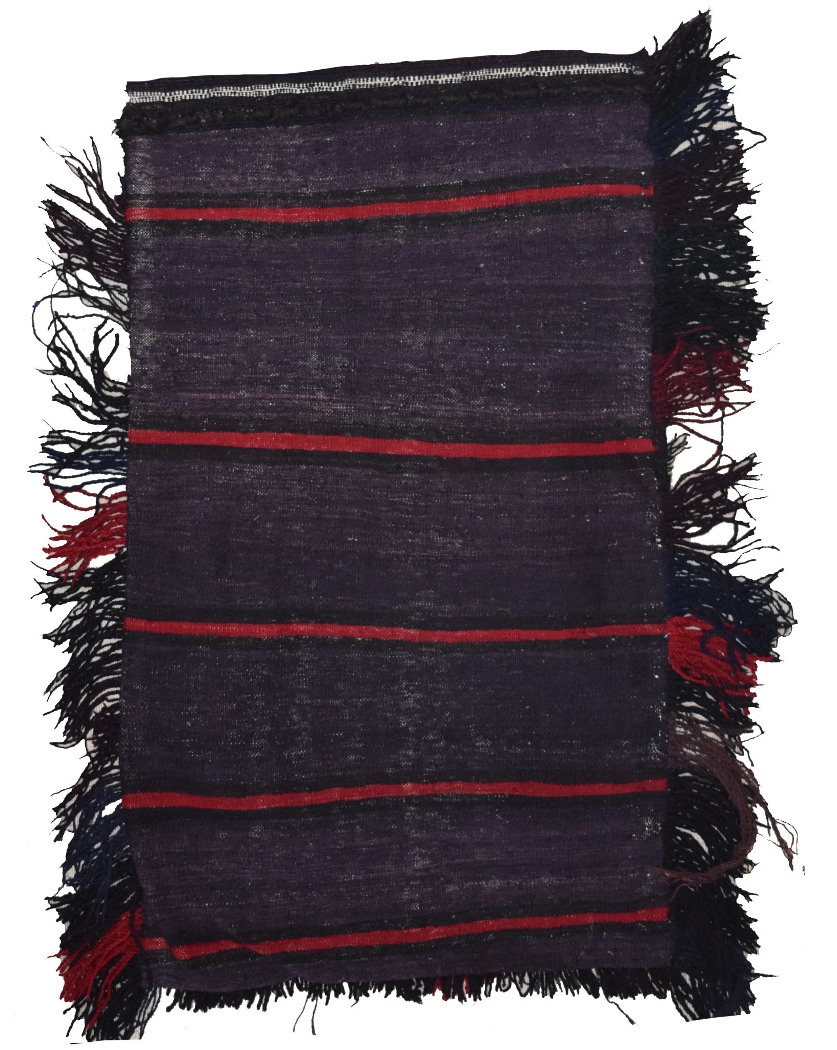 A rectangular, handmade vintage Afghan wool cushion featuring dark purple fabric with red stripes.