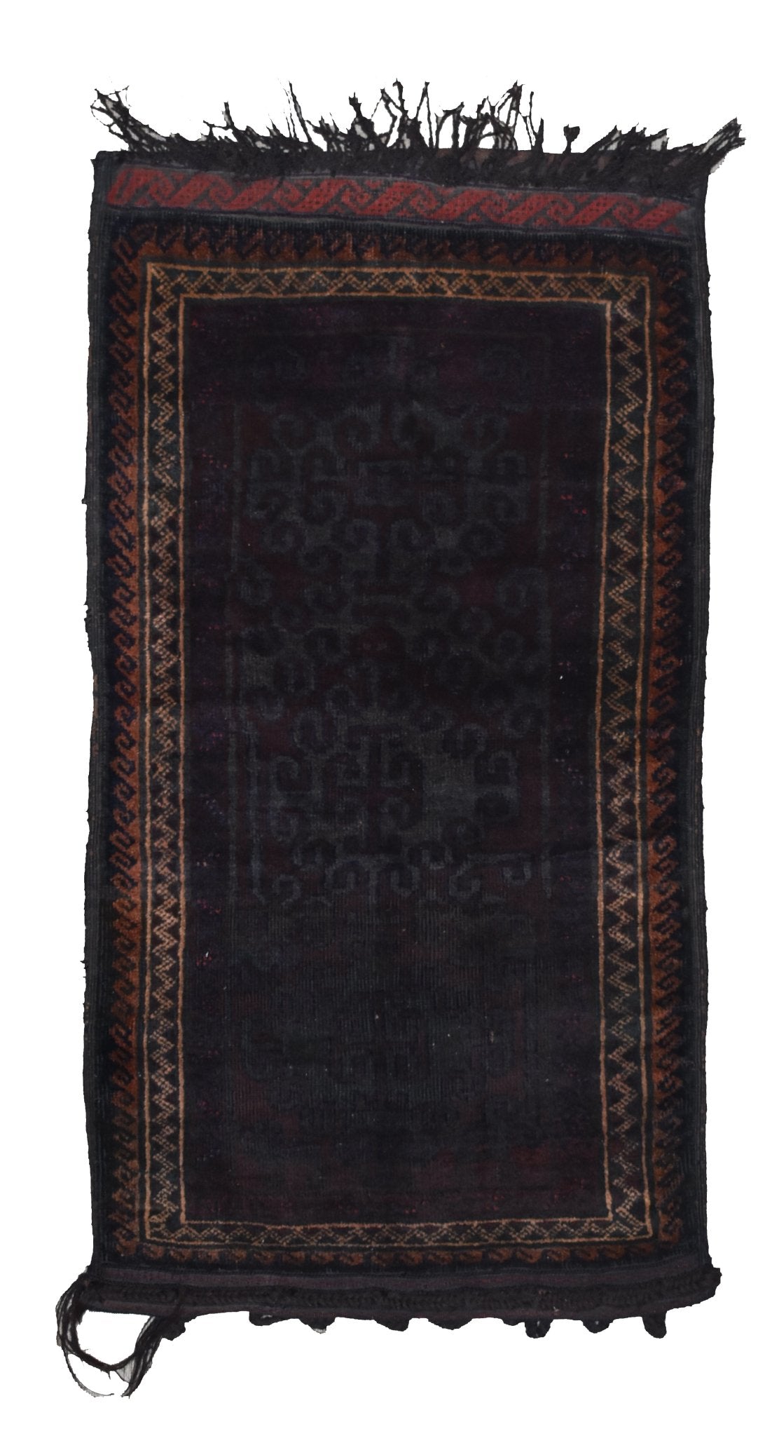 A rectangular vintage Afghan Baluch wool rug featuring dark geometric patterns and fringed ends.