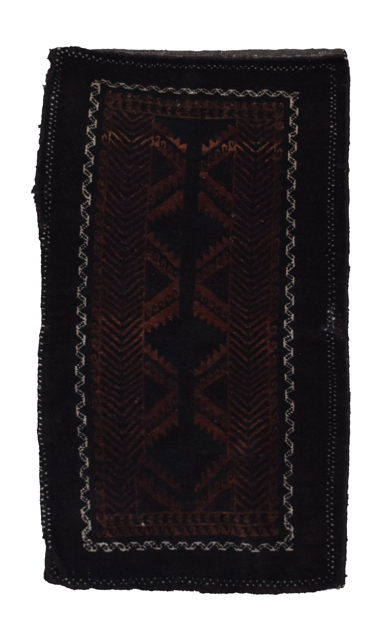 A vintage handmade Afghan Baluch wool cushion featuring a dark geometric tribal pattern.