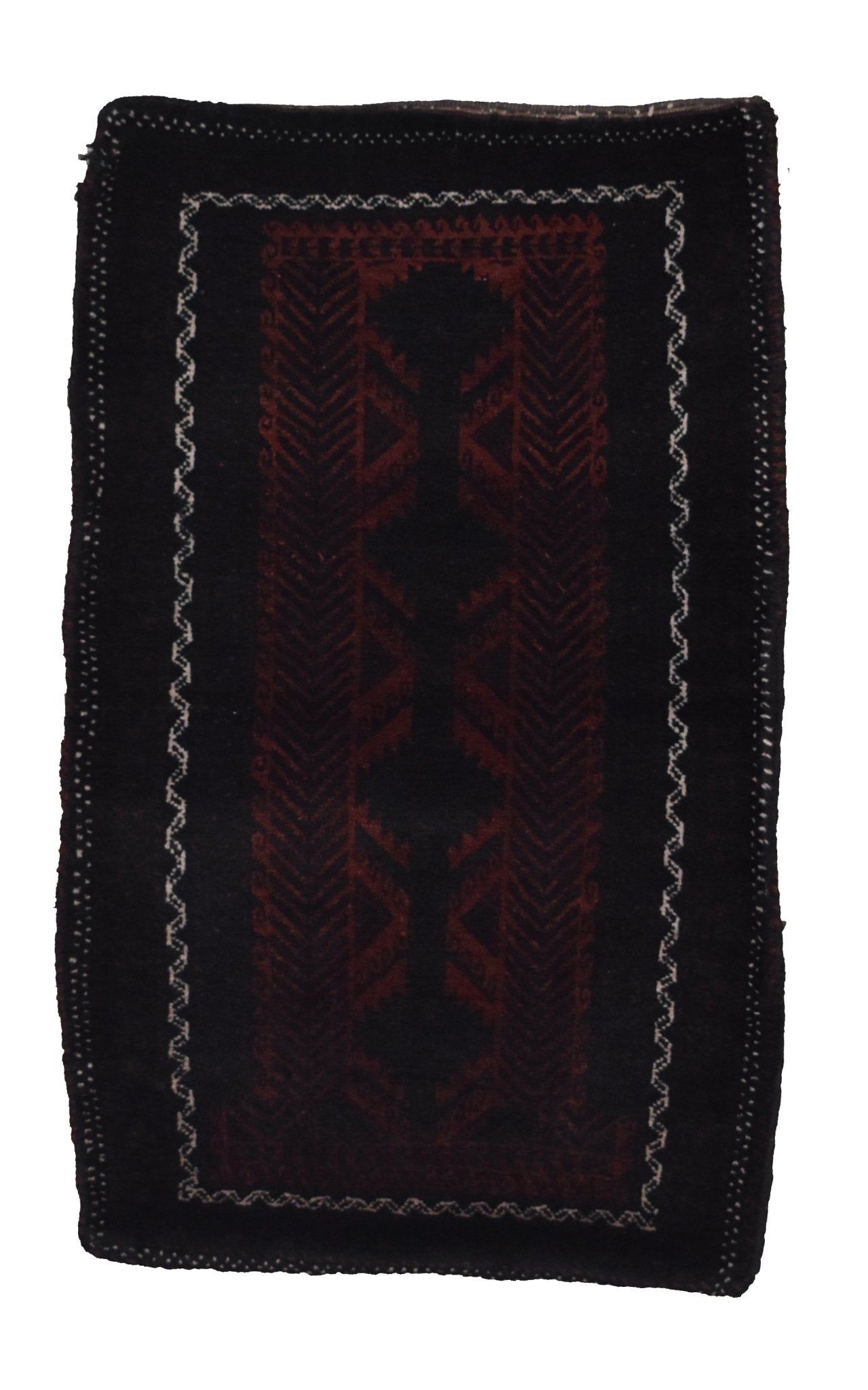 A rectangular vintage Afghan Baluch wool cushion featuring dark geometric patterns and borders.