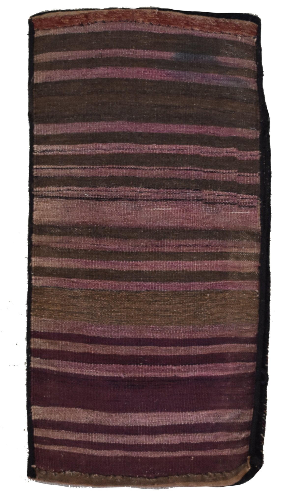A rectangular vintage Afghan Baluch cushion featuring horizontal stripes in shades of purple and brown.