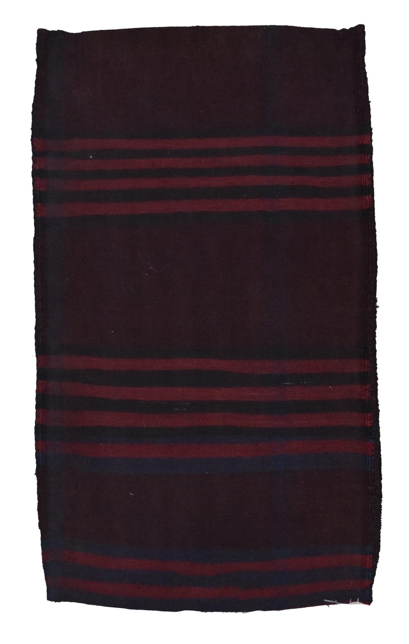 A rectangular vintage Afghan Baluch cushion featuring dark wool with horizontal red and black stripes.