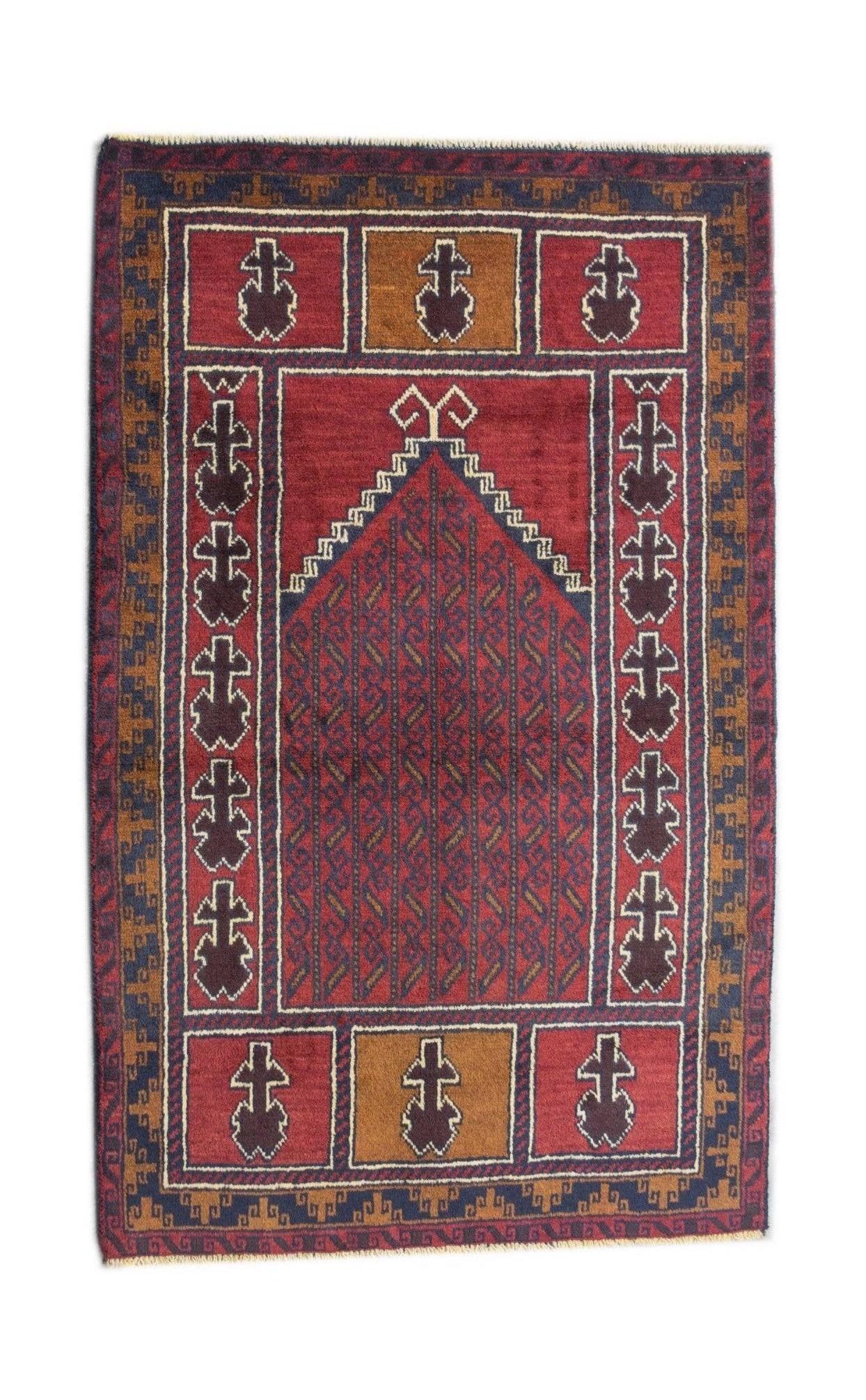 Handmade Afghan Pashm rug featuring a traditional prayer design in deep red, brown, and blue tones.