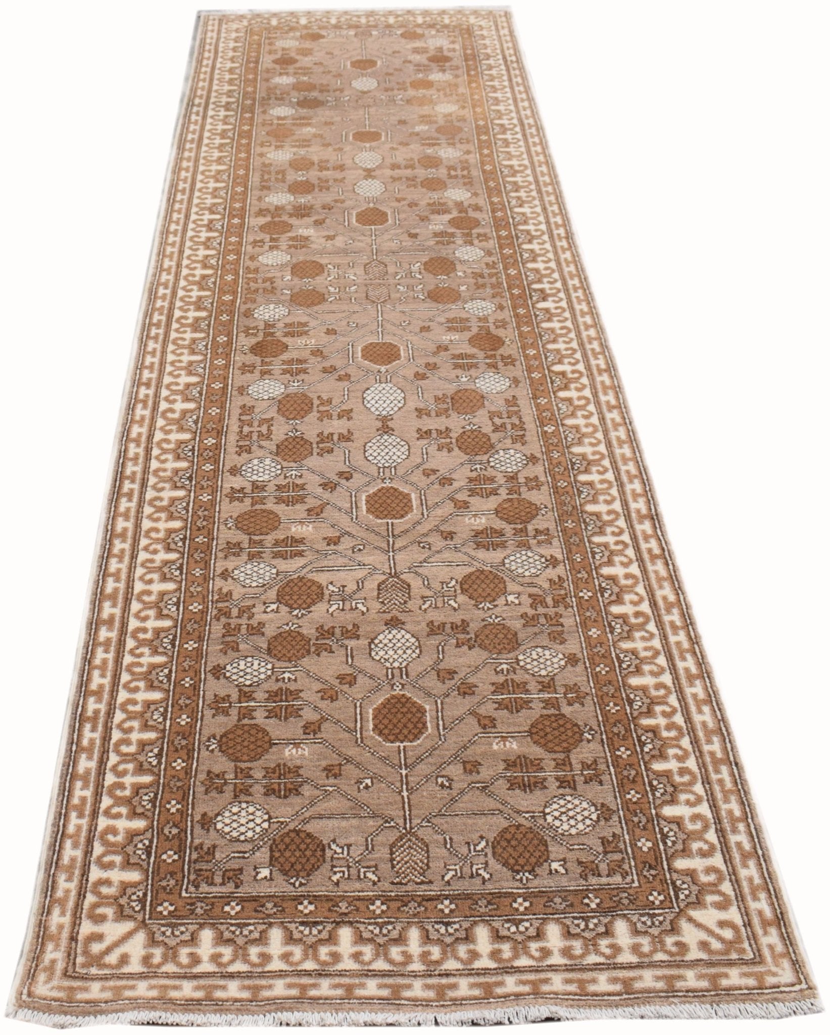 A handmade Afghan Chobi runner rug featuring a traditional Khotan pattern in natural wool tones.