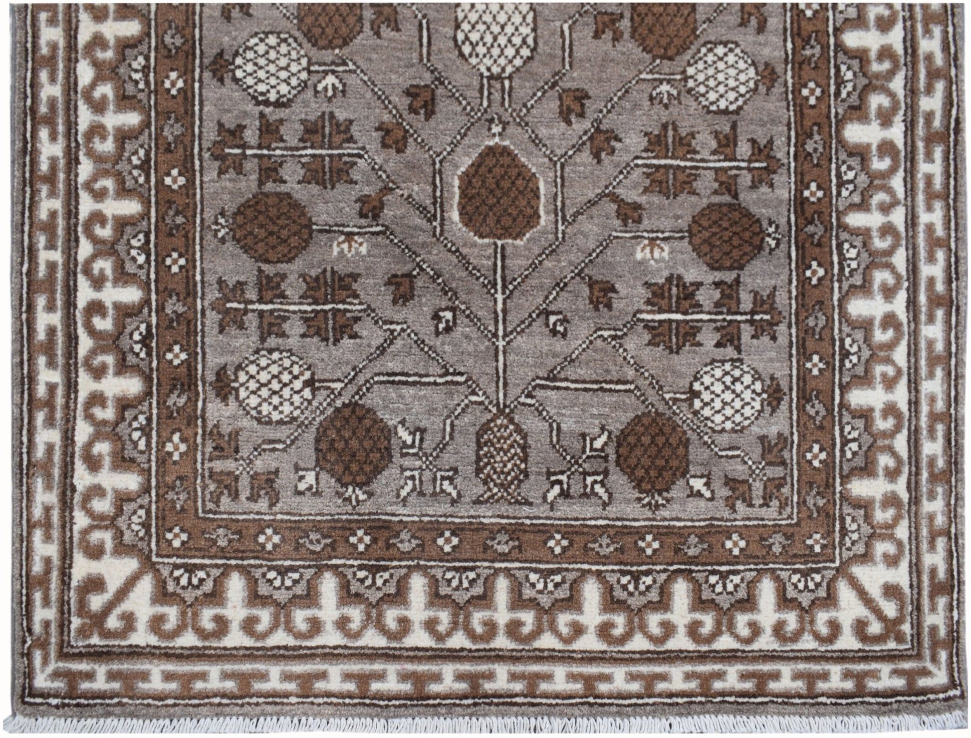 Handmade Afghan Chobi runner rug featuring a brown and cream geometric tree of life pattern.